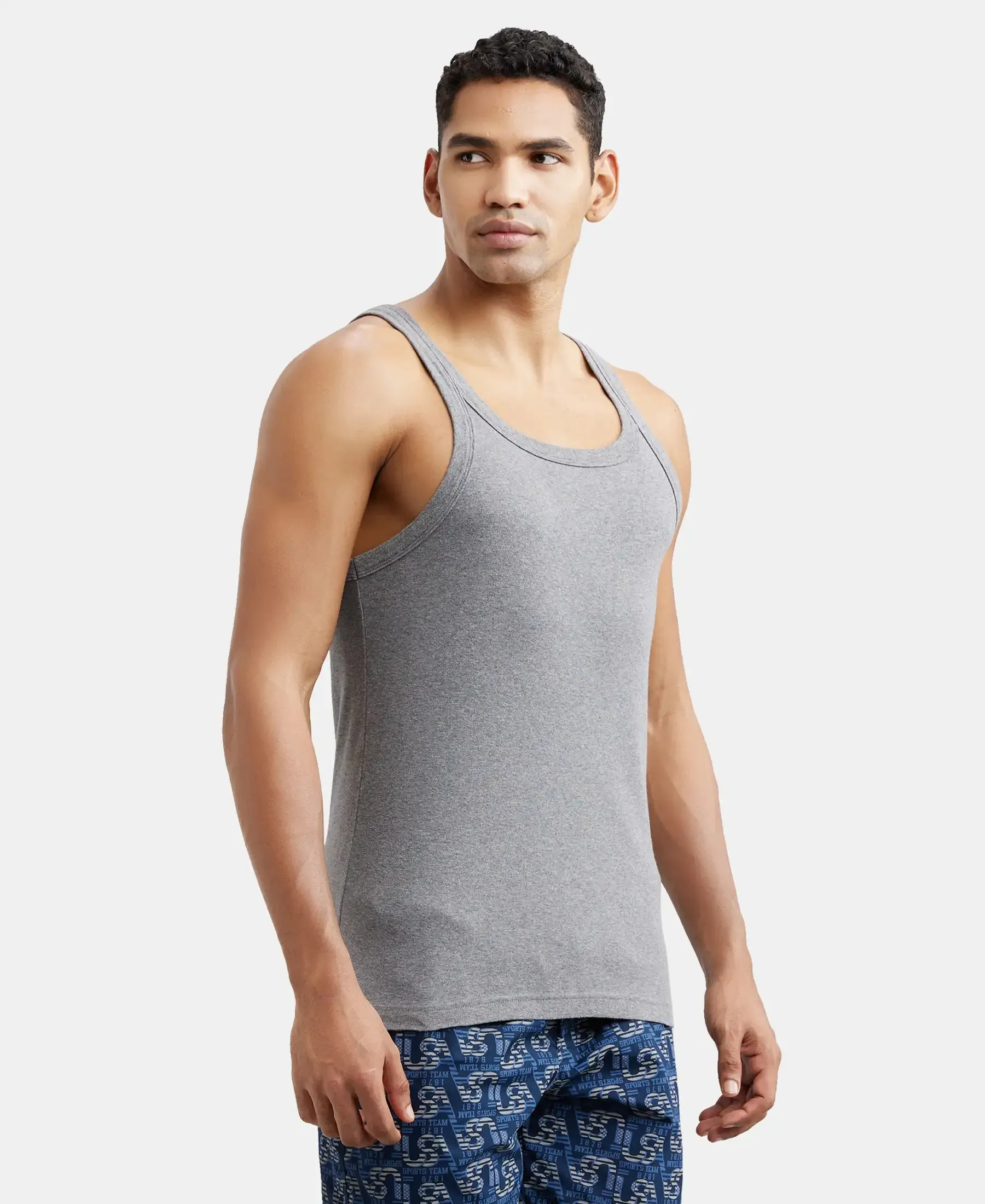 Super Combed Cotton Rib Square Neck Gym Vest - Mid Grey Melange (Pack of 2)
