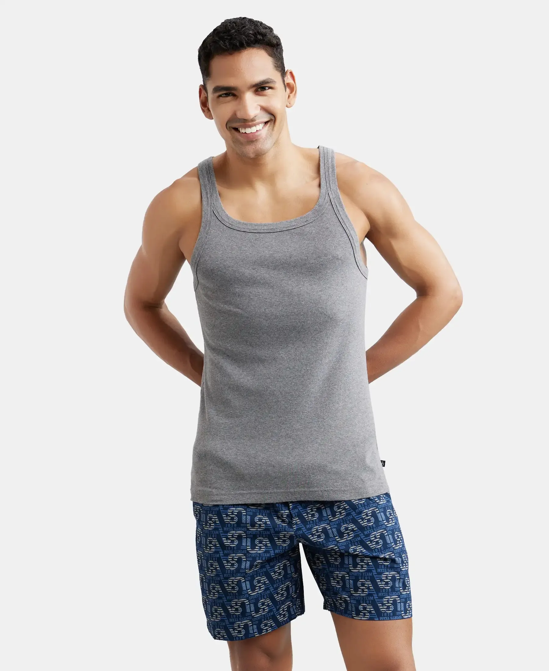 Super Combed Cotton Rib Square Neck Gym Vest - Mid Grey Melange (Pack of 2)