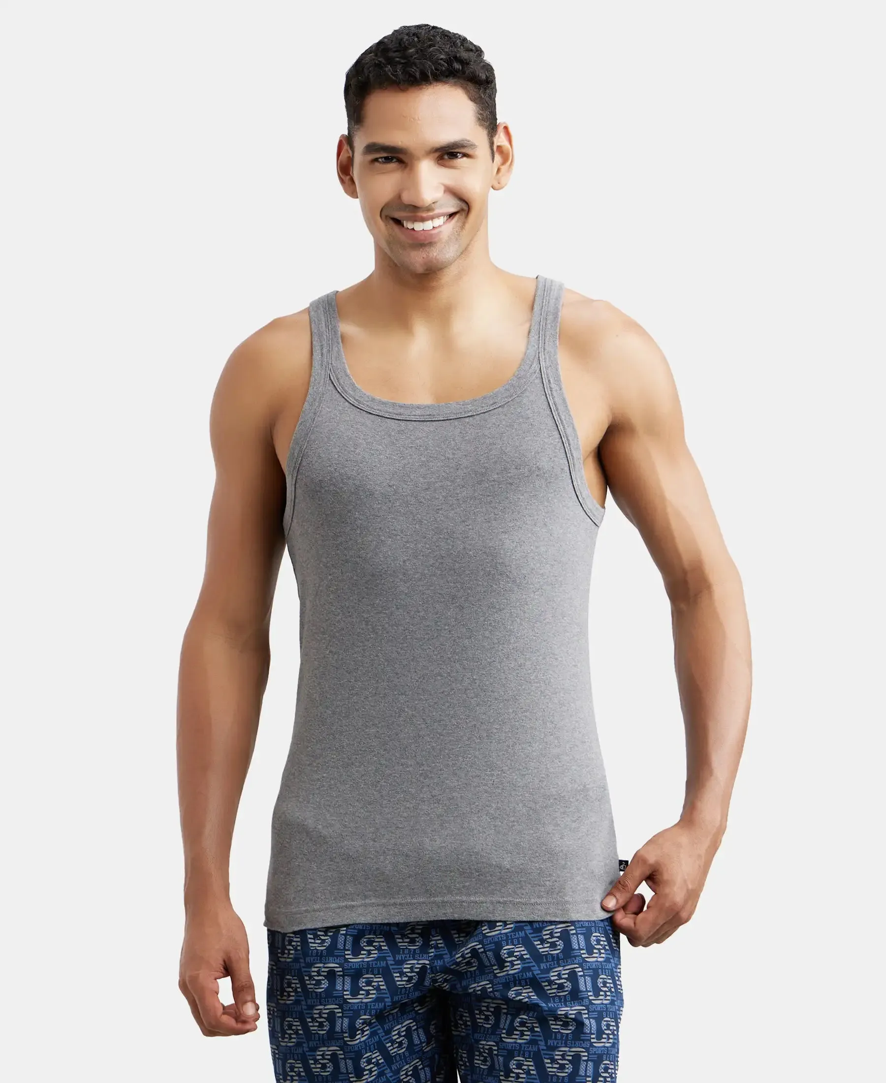 Super Combed Cotton Rib Square Neck Gym Vest - Mid Grey Melange (Pack of 2)