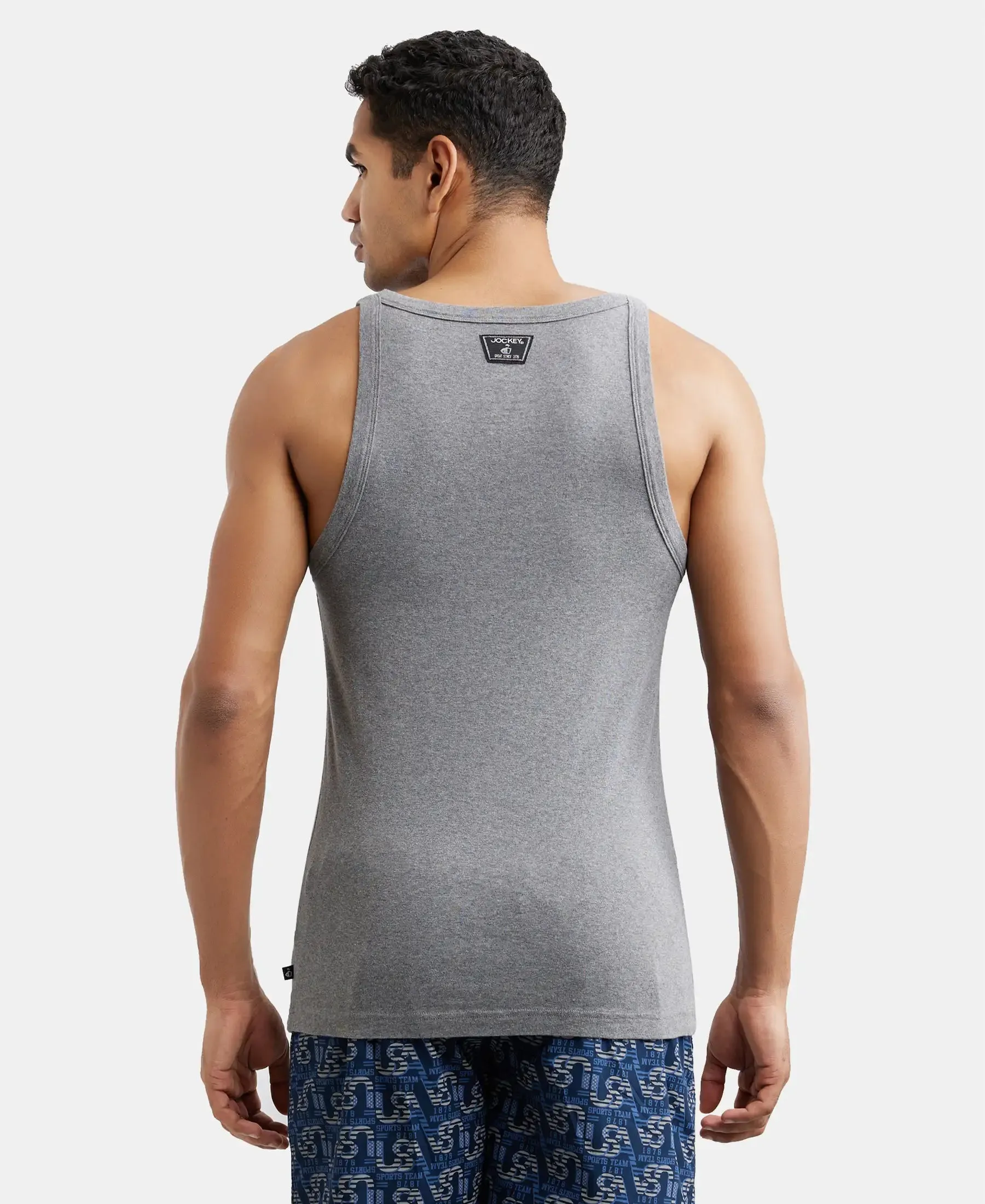 Super Combed Cotton Rib Square Neck Gym Vest - Mid Grey Melange (Pack of 2)