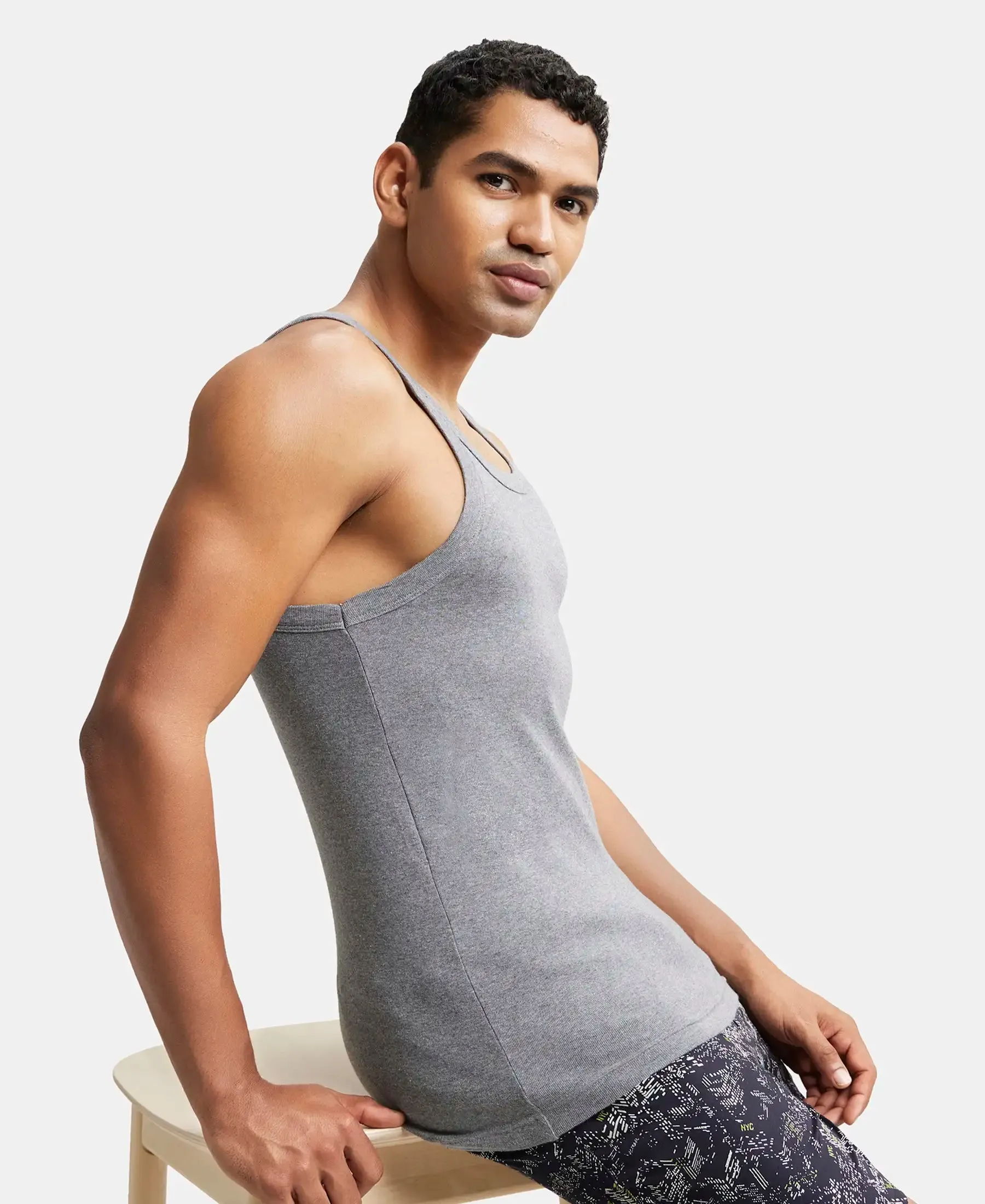 Super Combed Cotton Rib Square Neck Gym Vest - Mid Grey Melange