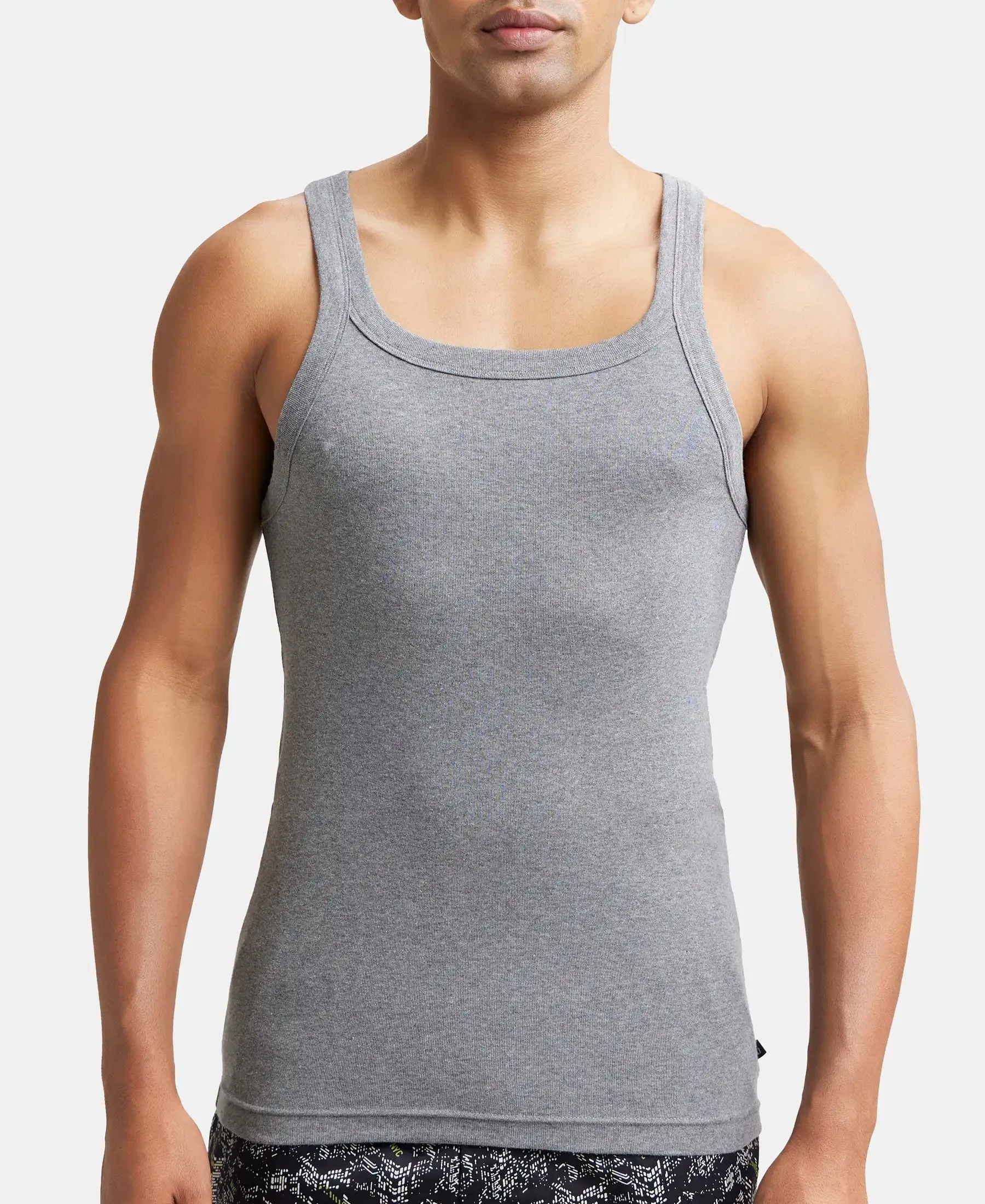 Super Combed Cotton Rib Square Neck Gym Vest - Mid Grey Melange