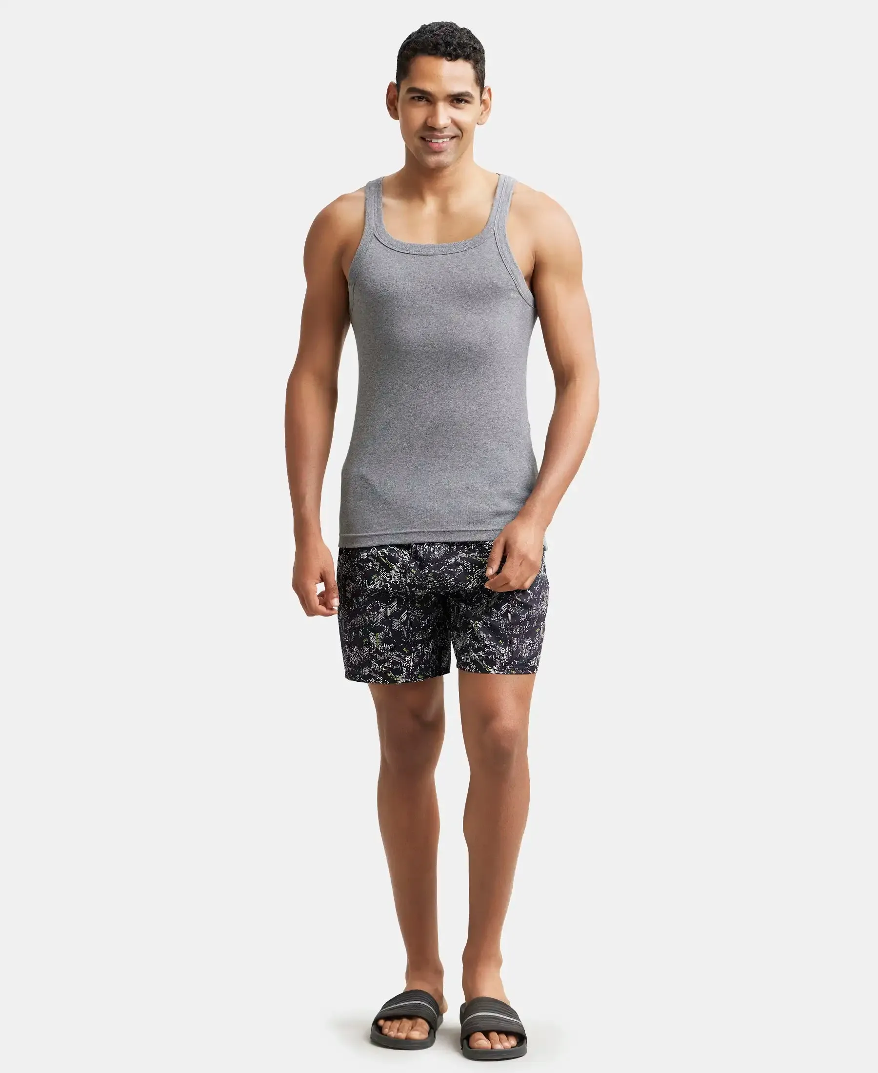 Super Combed Cotton Rib Square Neck Gym Vest - Mid Grey Melange