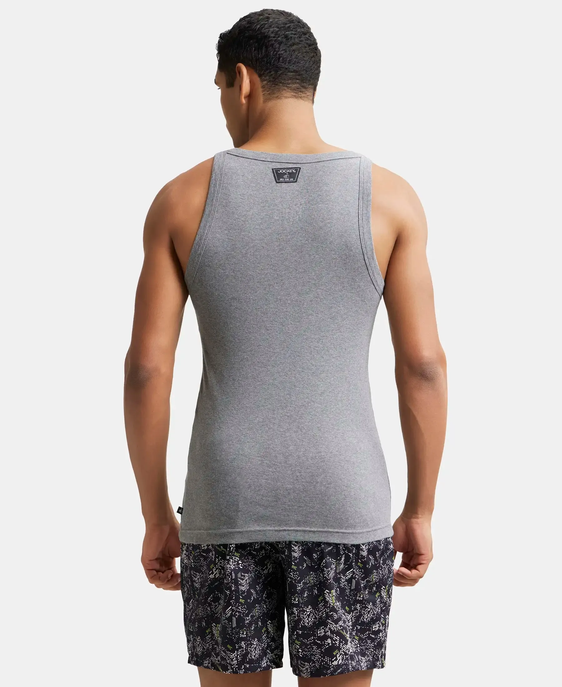 Super Combed Cotton Rib Square Neck Gym Vest - Mid Grey Melange