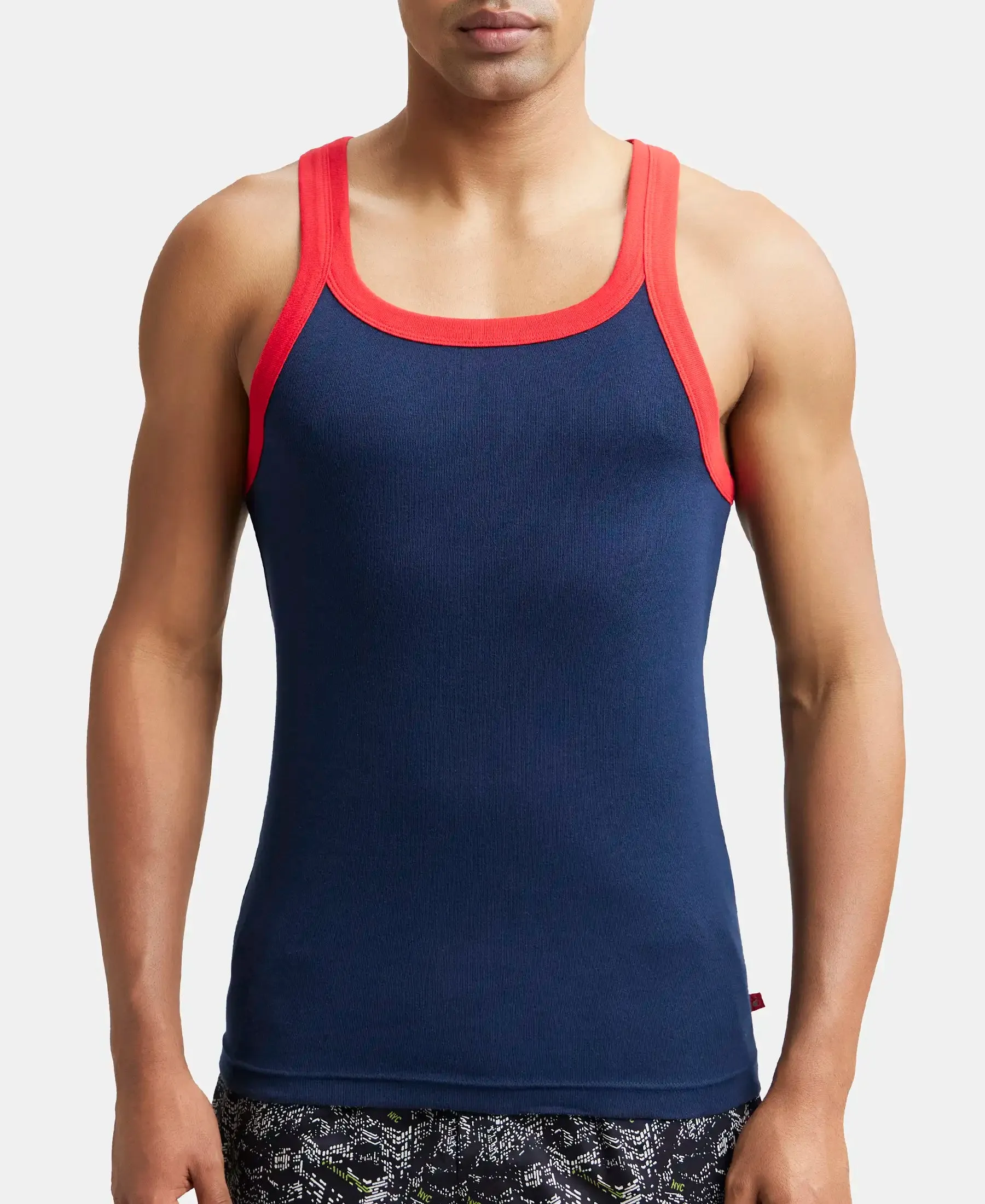 Super Combed Cotton Rib Square Neck Gym Vest - Navy & Red Pepper