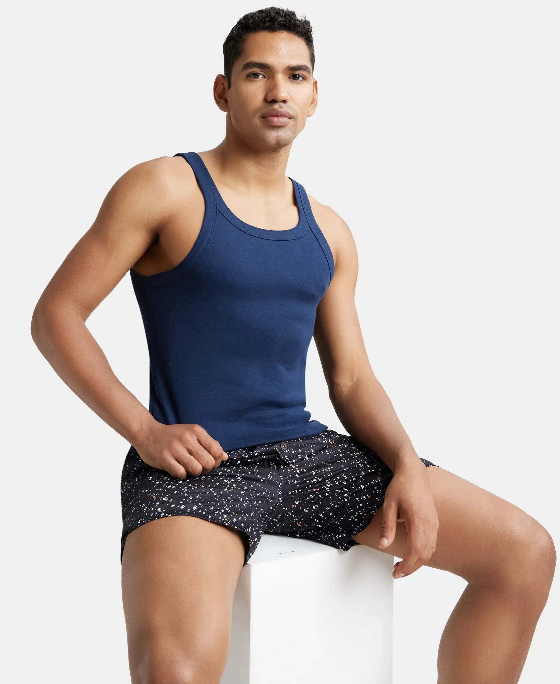 Super Combed Cotton Rib Square Neck Gym Vest - Navy (Pack of 2)