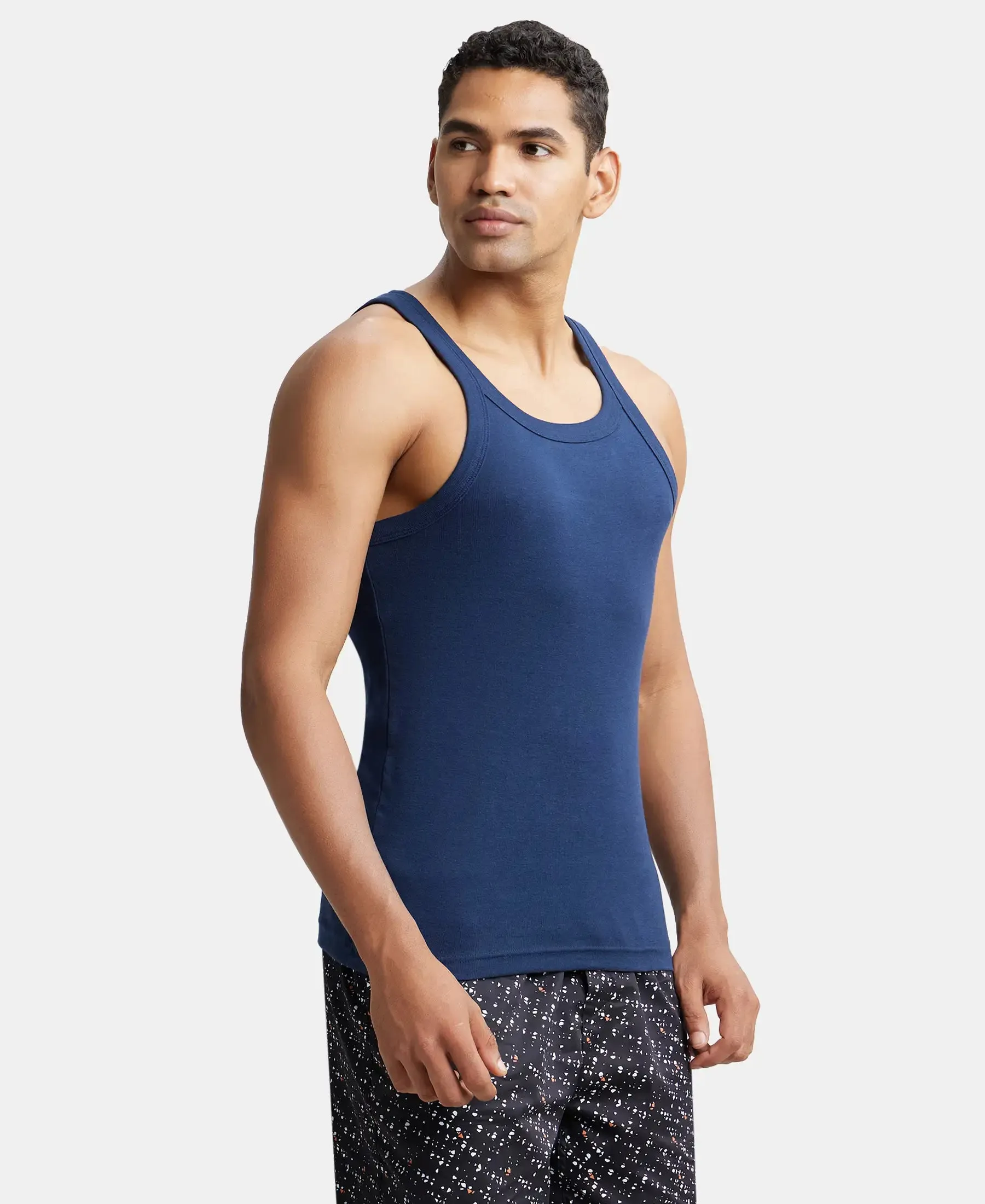 Super Combed Cotton Rib Square Neck Gym Vest - Navy