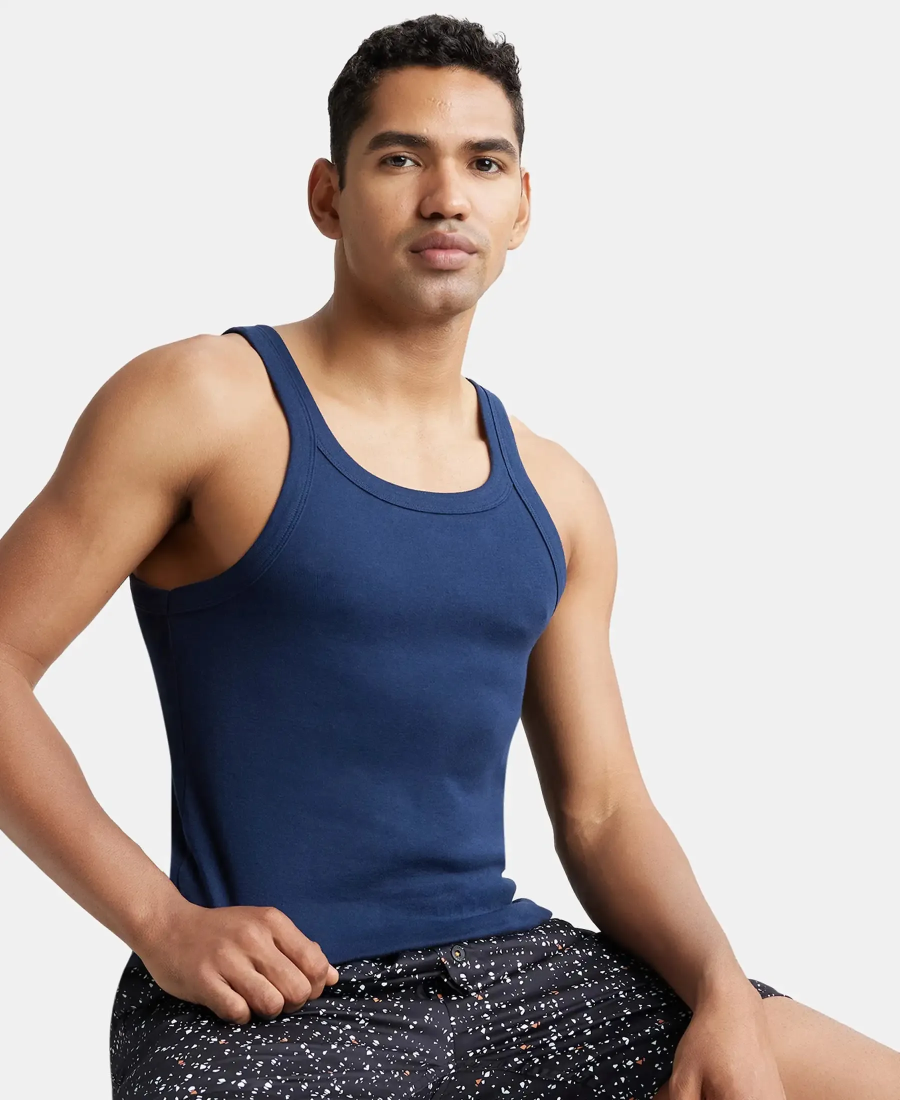 Super Combed Cotton Rib Square Neck Gym Vest - Navy