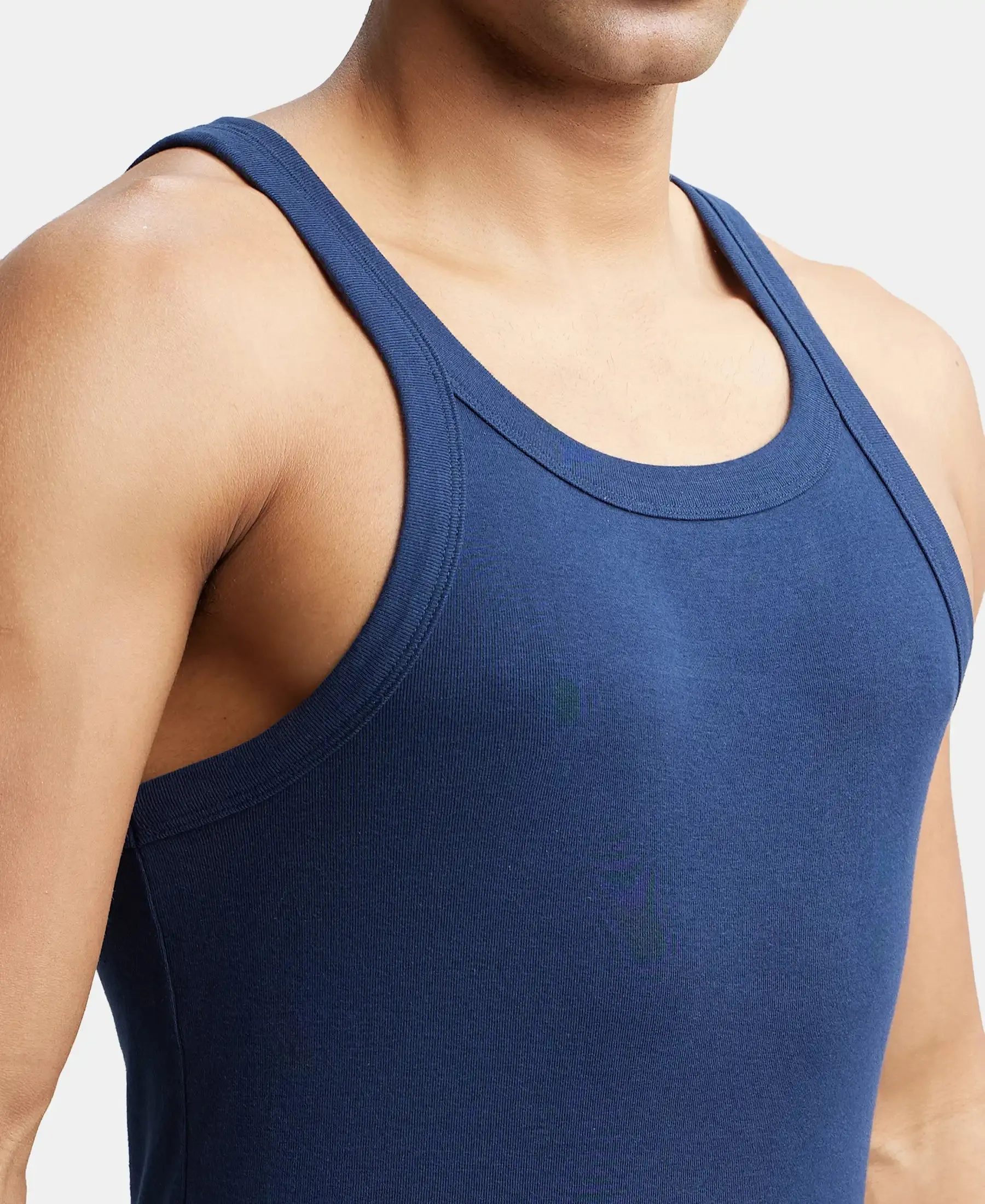 Super Combed Cotton Rib Square Neck Gym Vest - Navy