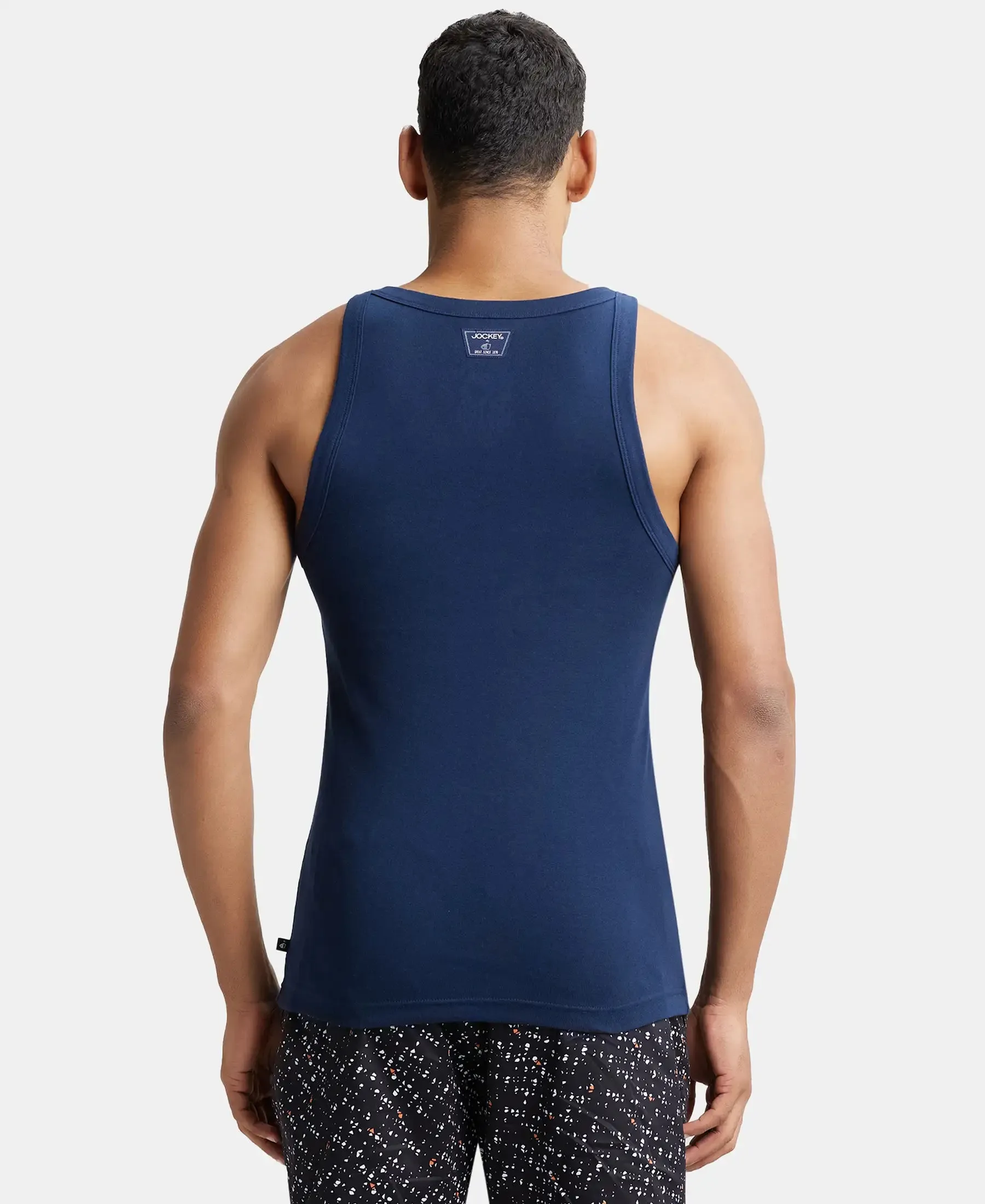Super Combed Cotton Rib Square Neck Gym Vest - Navy