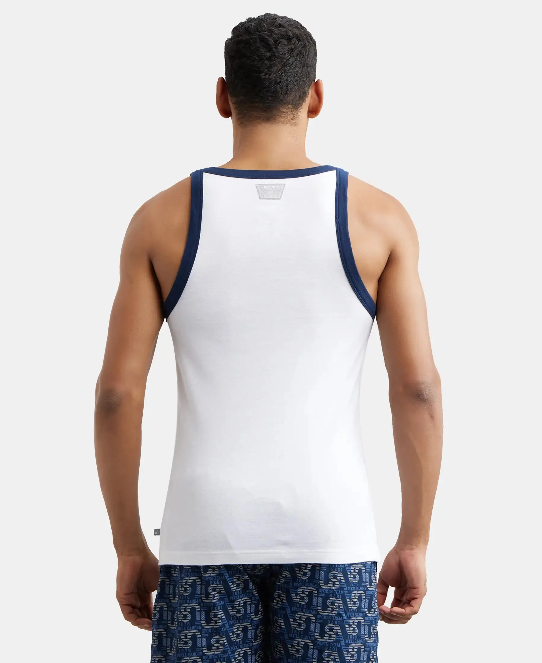 Super Combed Cotton Rib Square Neck Gym Vest - White & Navy
