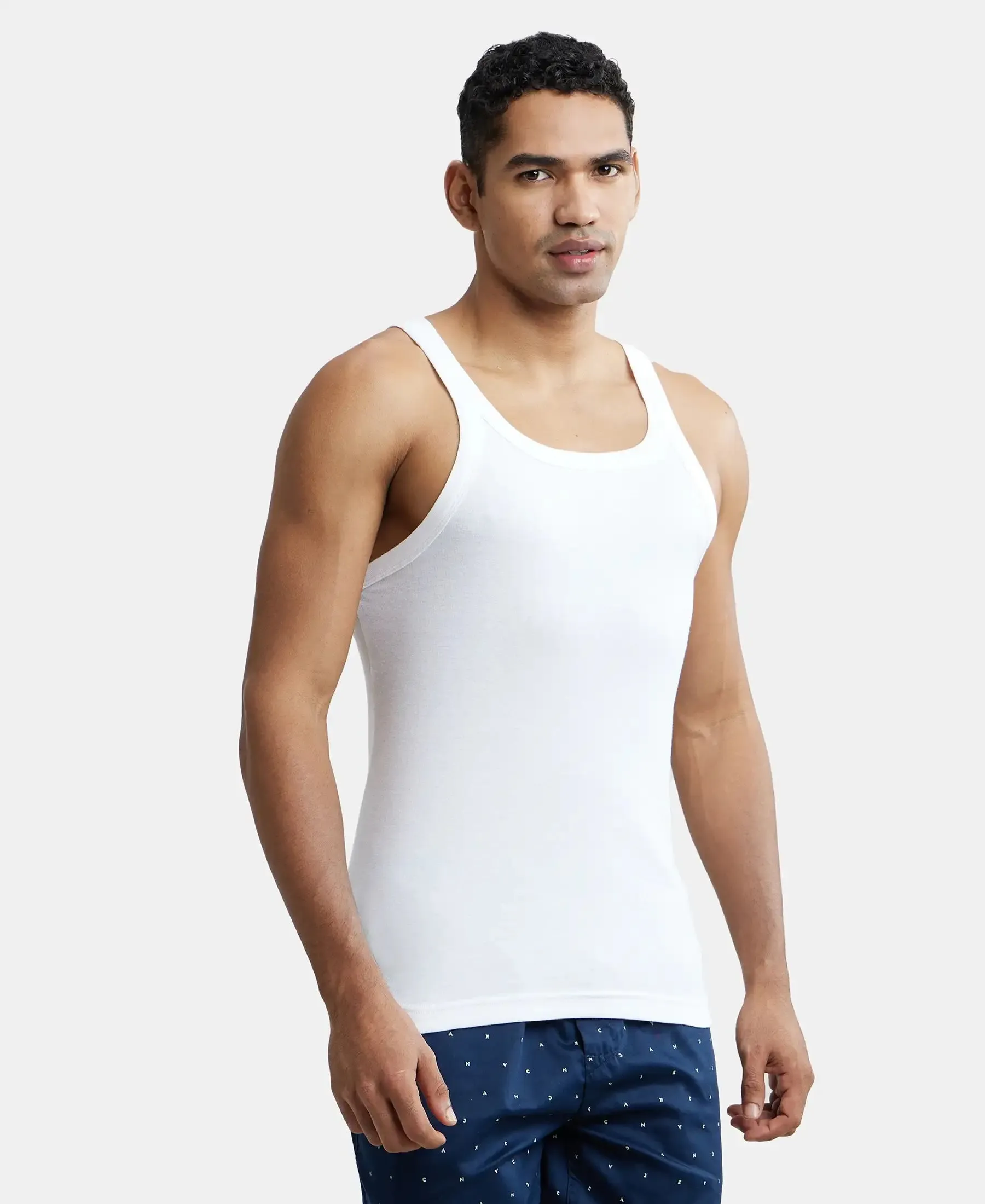 Super Combed Cotton Rib Square Neck Gym Vest - White (Pack of 2)