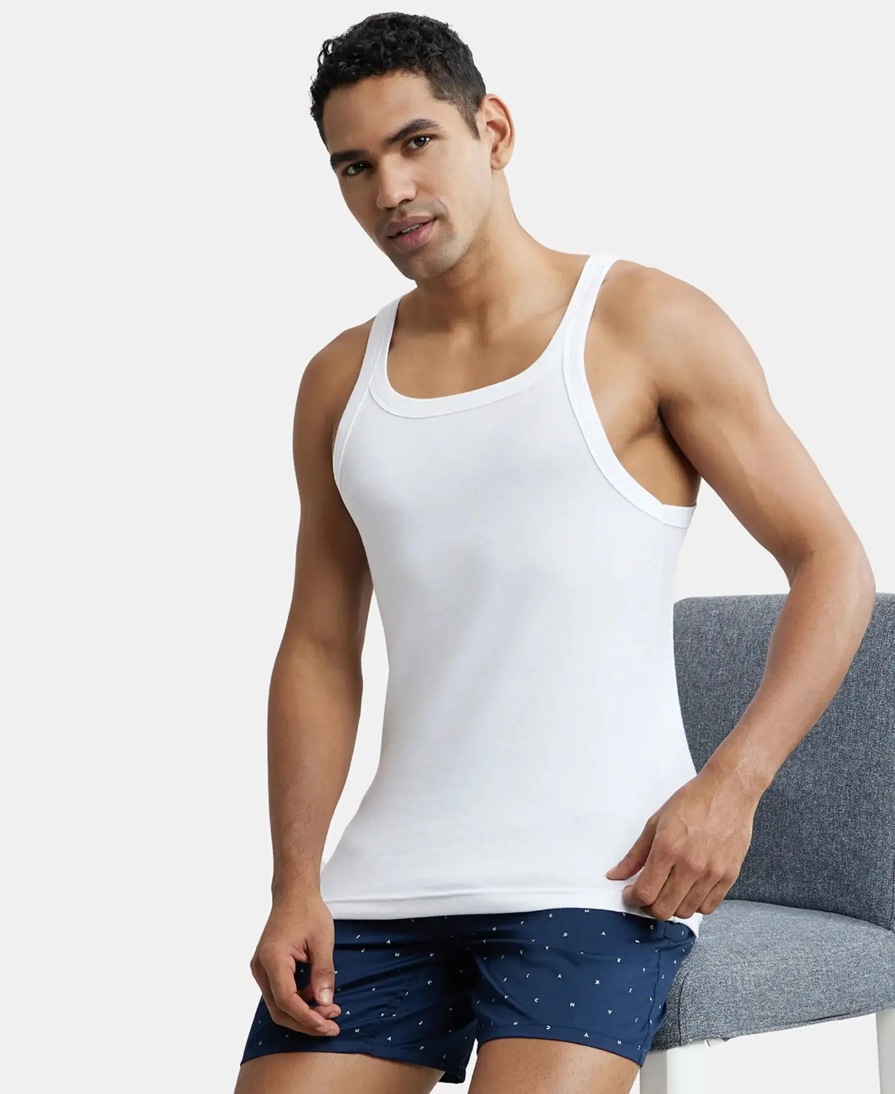 Super Combed Cotton Rib Square Neck Gym Vest - White (Pack of 2)