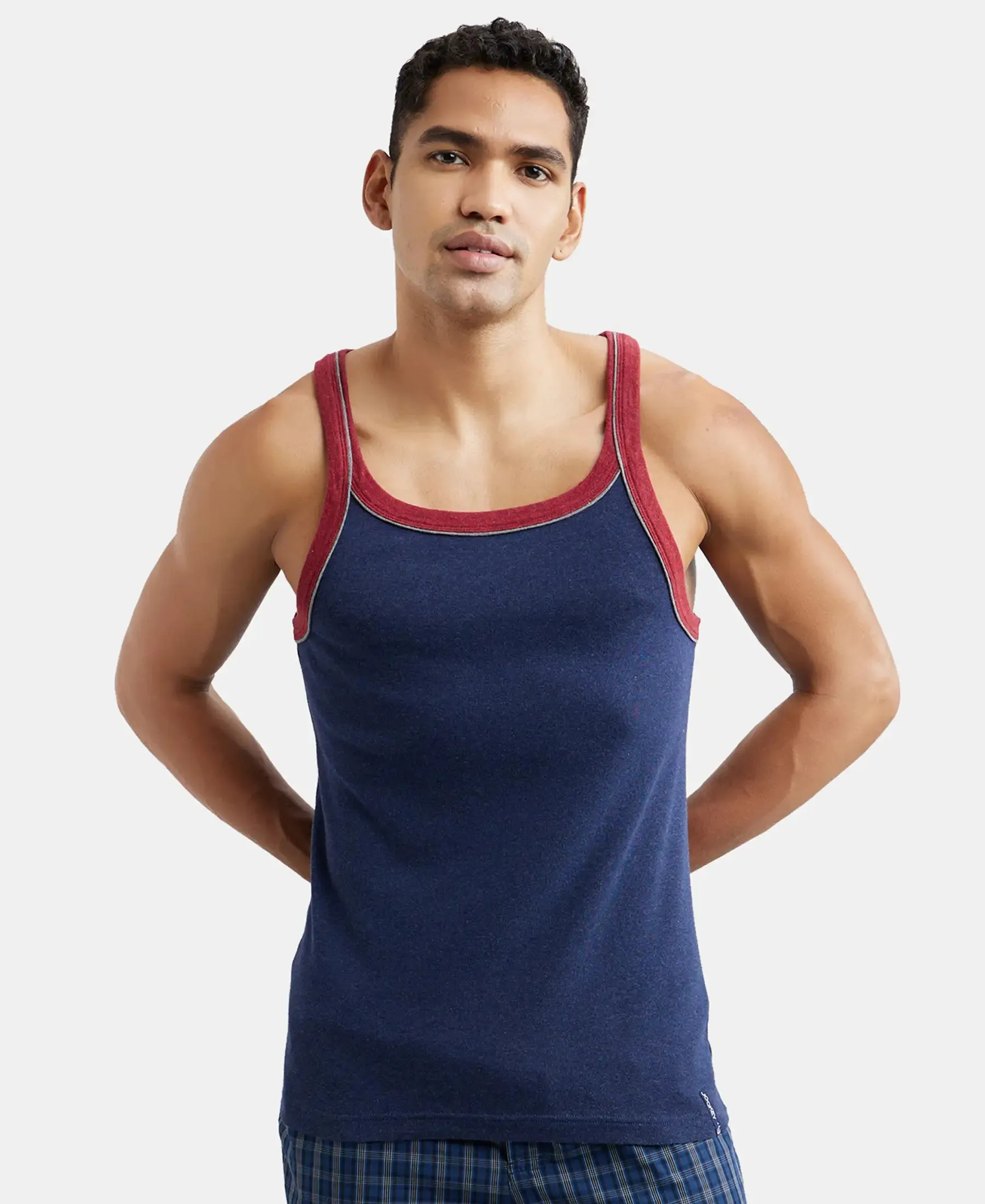 Super Combed Cotton Rib Square Neck Gym Vest with Graphic Print - Ink Blue Melange