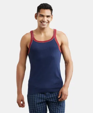 Super Combed Cotton Rib Square Neck Gym Vest with Graphic Print - Ink Blue Melange