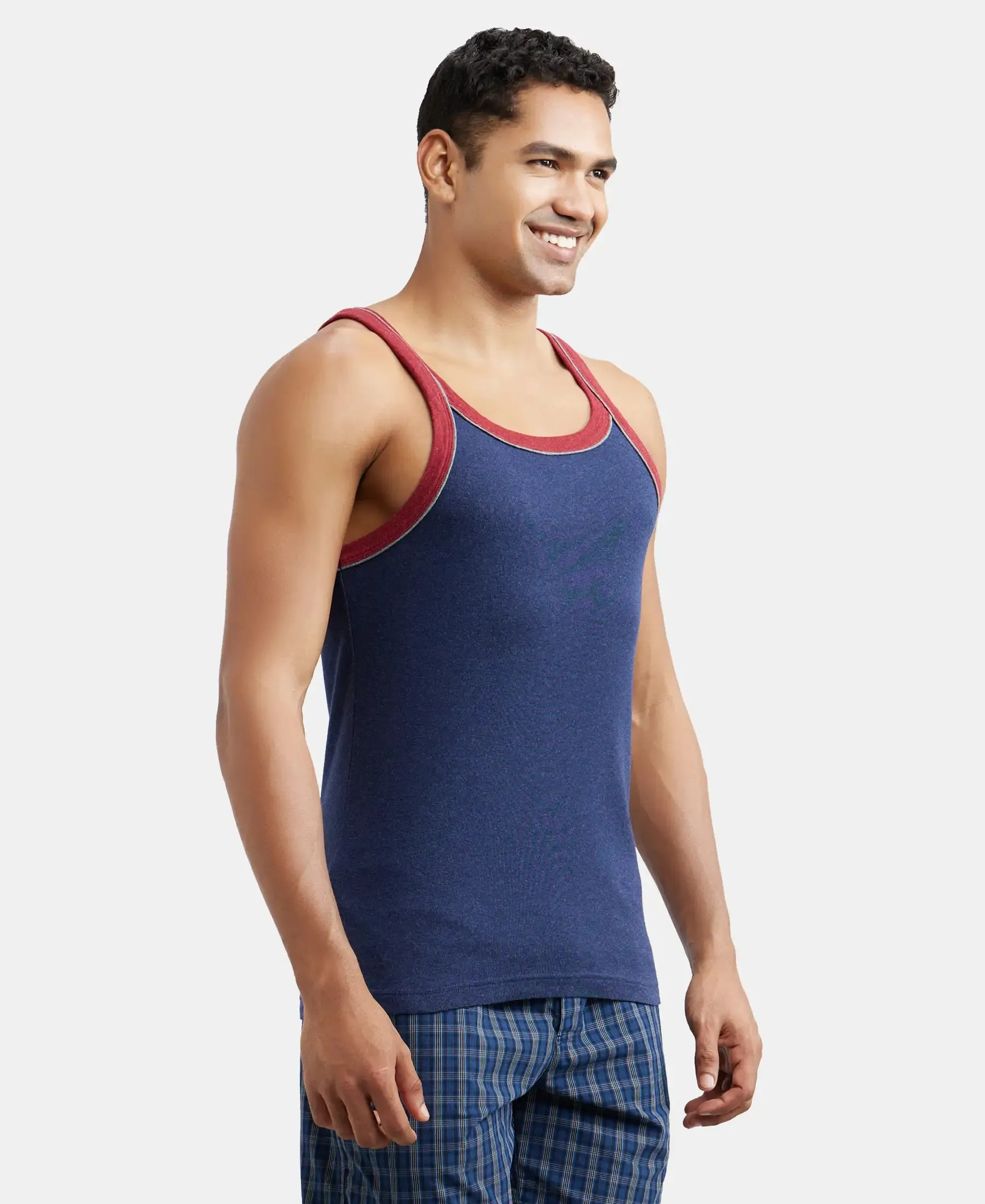 Super Combed Cotton Rib Square Neck Gym Vest with Graphic Print - Ink Blue Melange