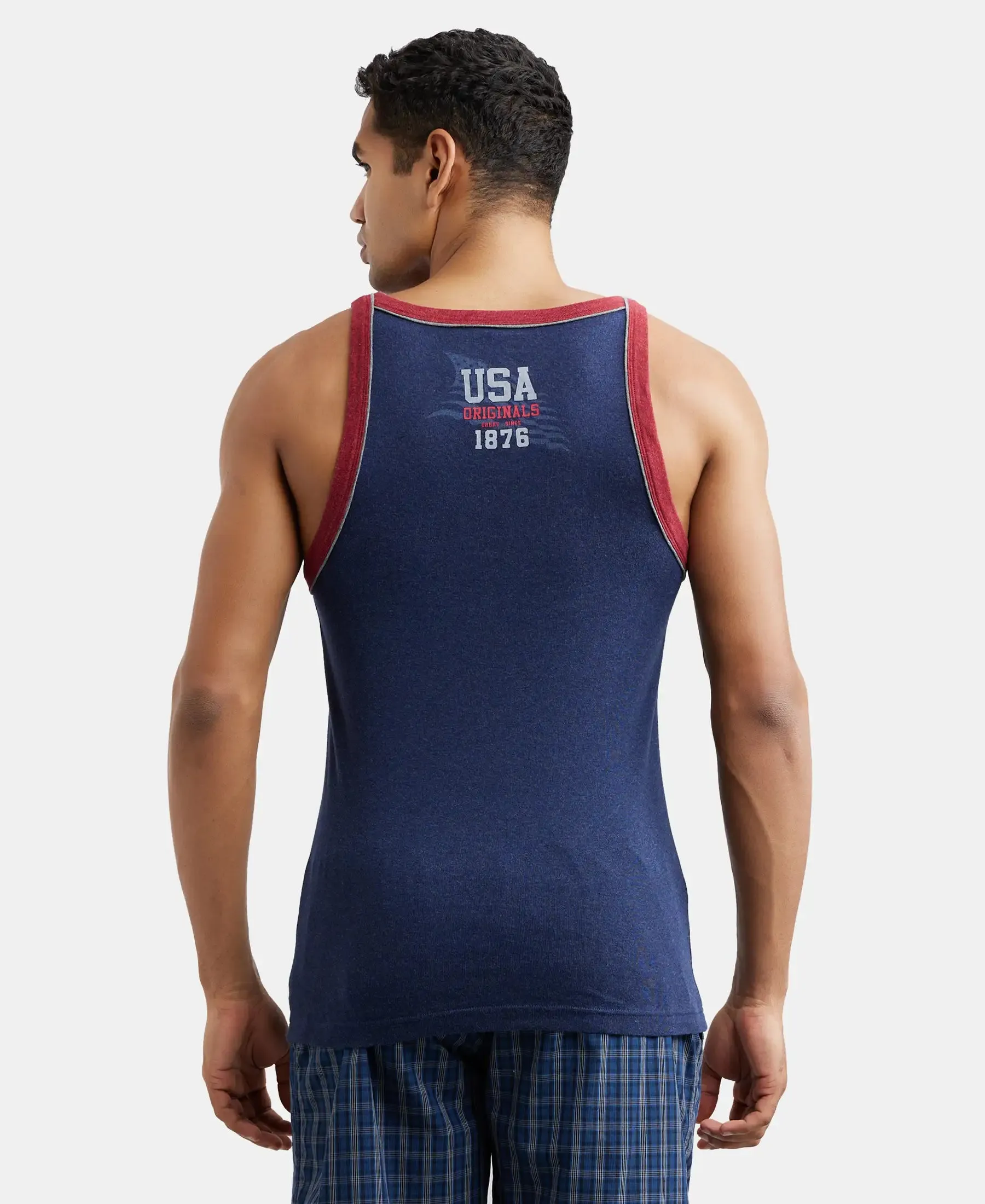 Super Combed Cotton Rib Square Neck Gym Vest with Graphic Print - Ink Blue Melange
