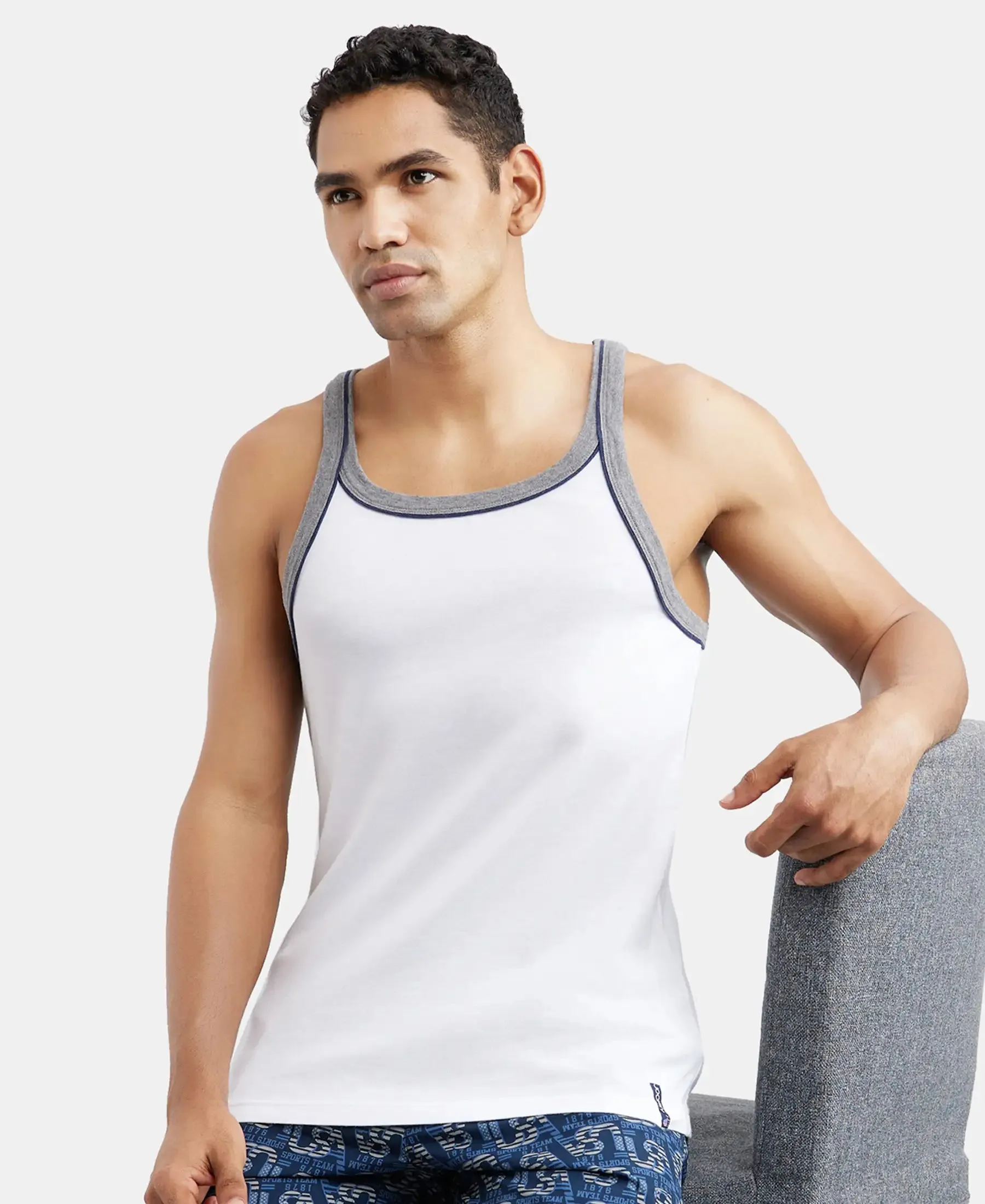 Super Combed Cotton Rib Square Neck Gym Vest with Graphic Print - White