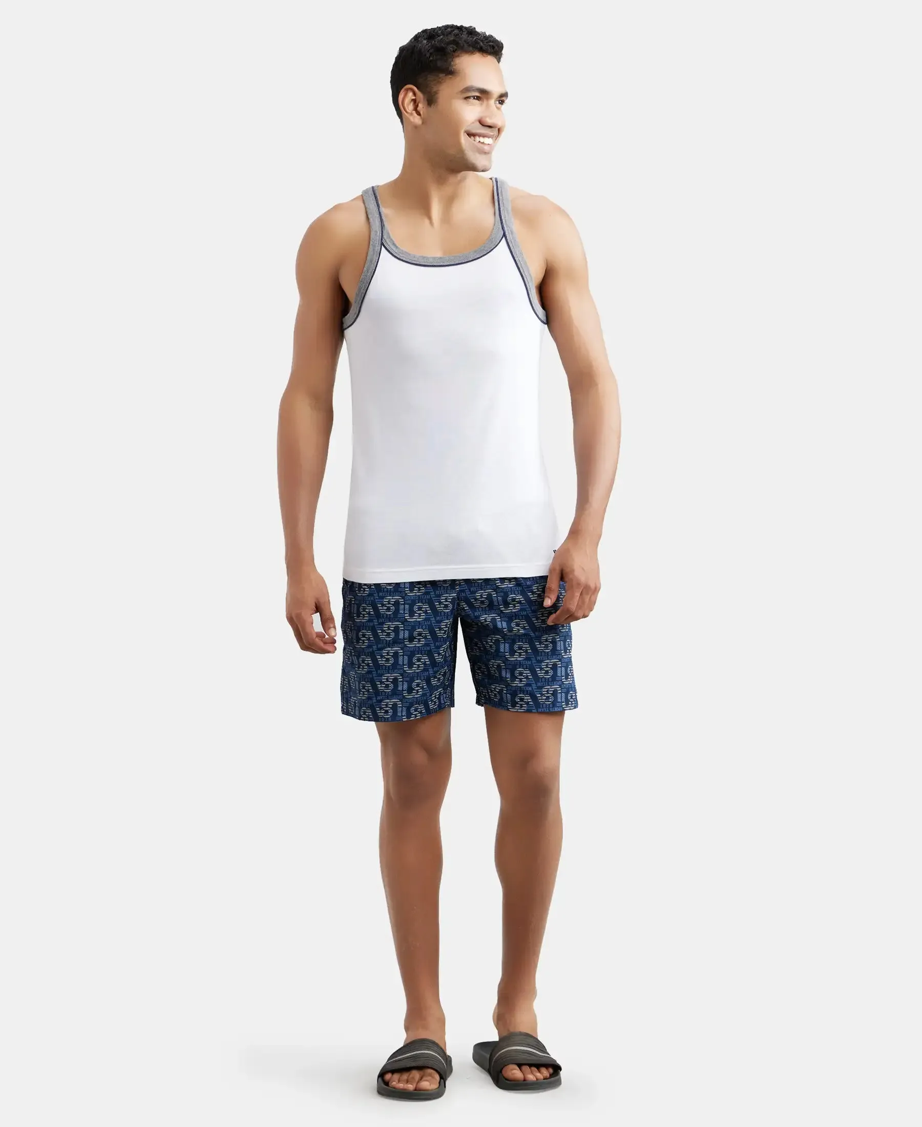 Super Combed Cotton Rib Square Neck Gym Vest with Graphic Print - White