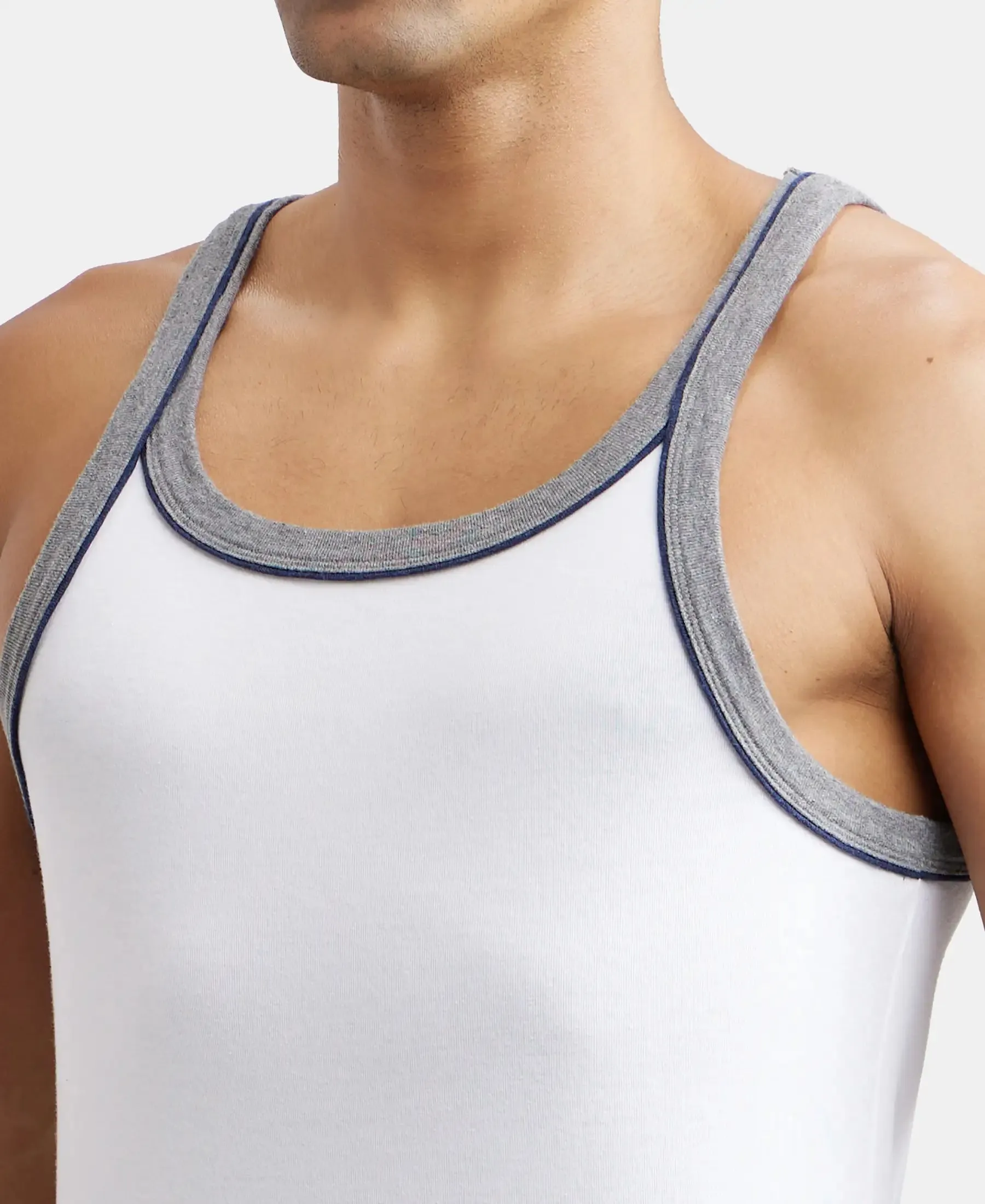 Super Combed Cotton Rib Square Neck Gym Vest with Graphic Print - White