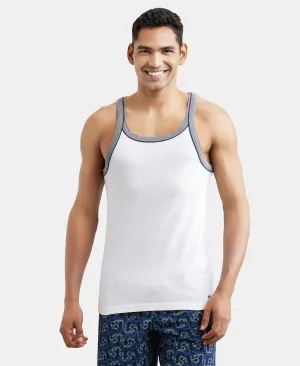 Super Combed Cotton Rib Square Neck Gym Vest with Graphic Print - White