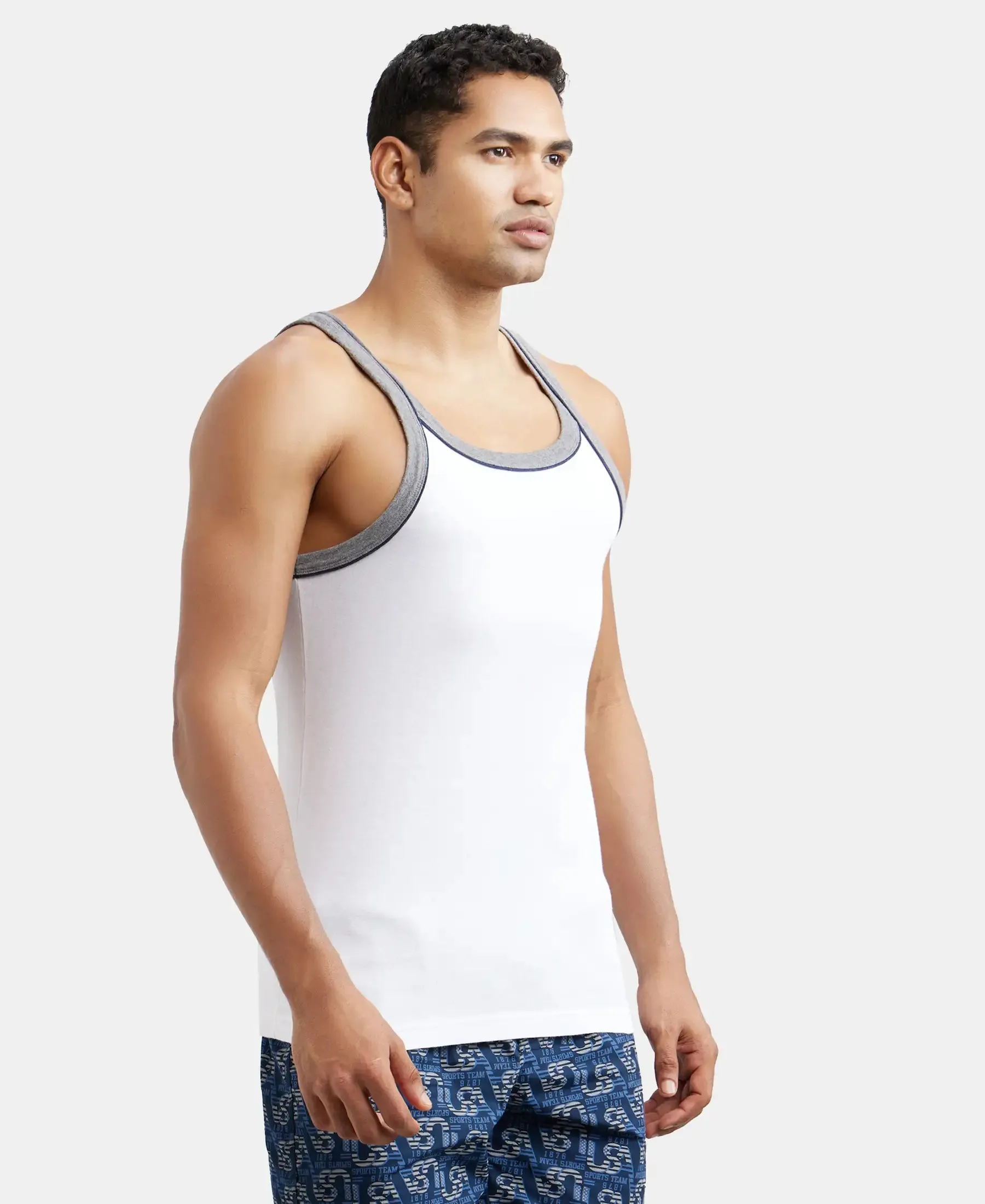 Super Combed Cotton Rib Square Neck Gym Vest with Graphic Print - White