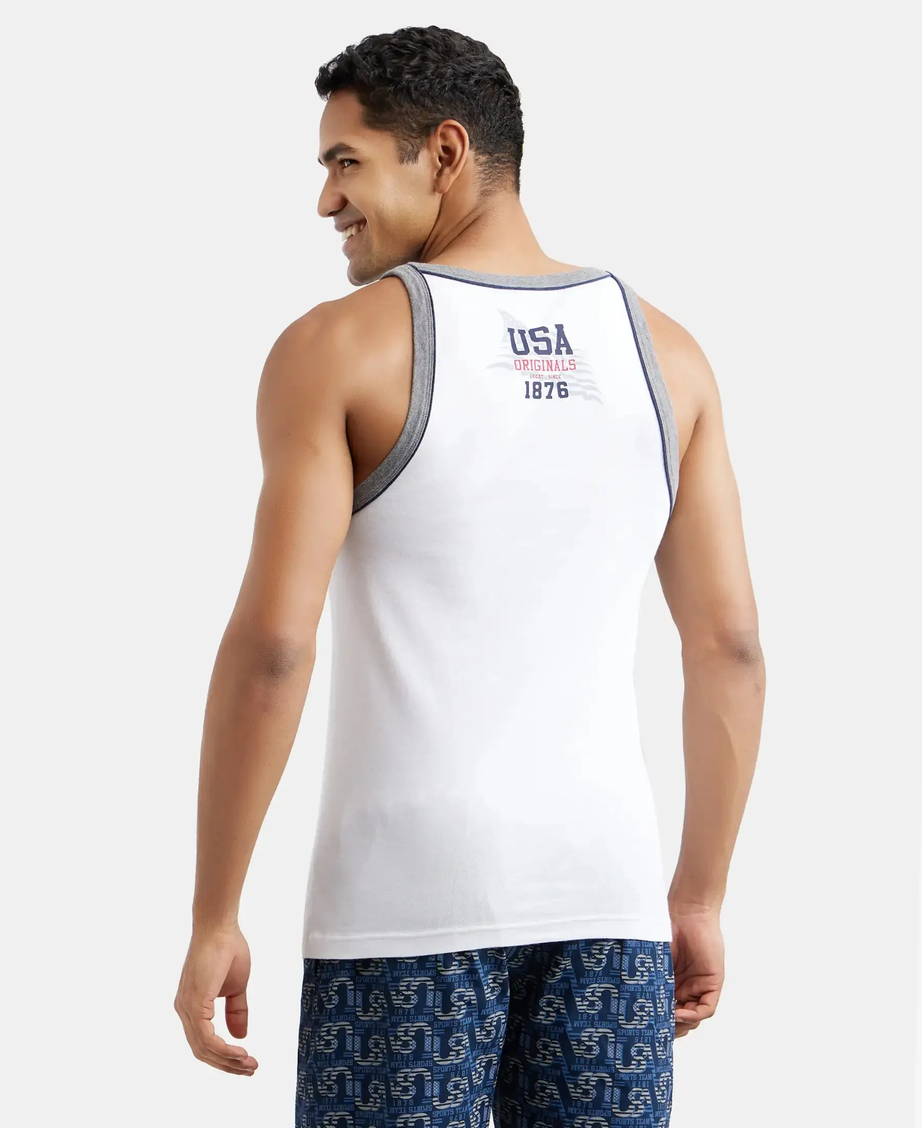 Super Combed Cotton Rib Square Neck Gym Vest with Graphic Print - White