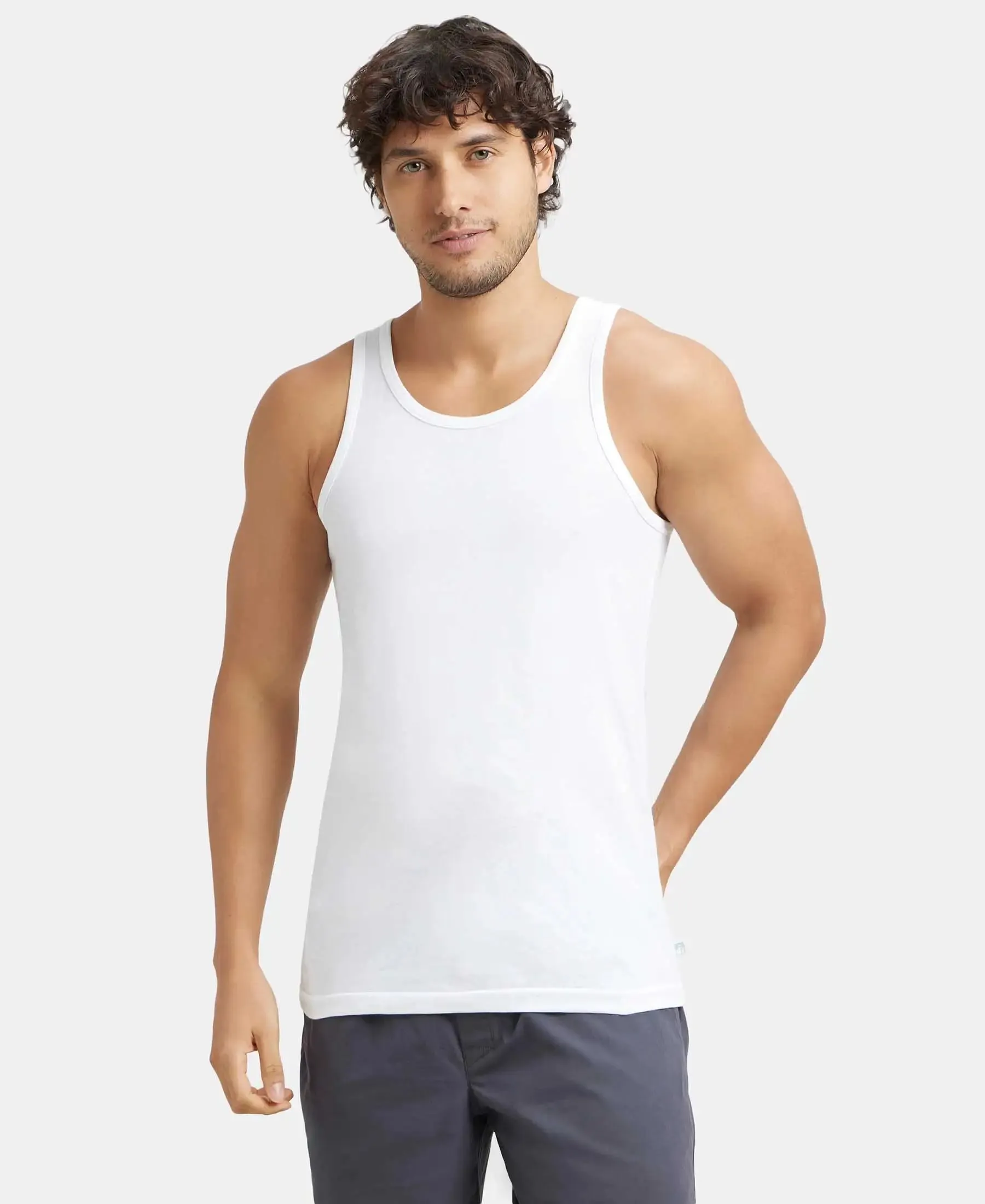 Super Combed Cotton Round Neck Sleeveless Vest - White
