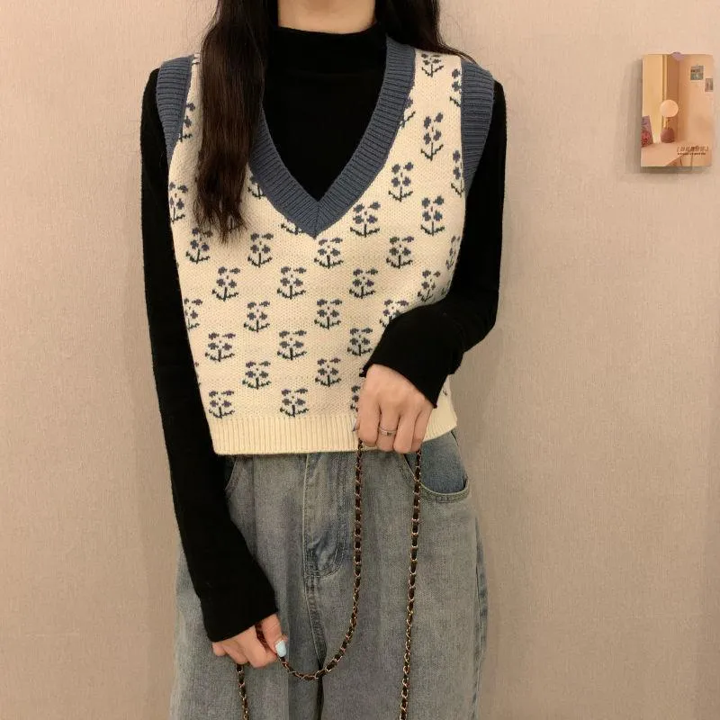 Sweater Vest Women Vintage Sleeveless Knitted Crop Tops Girls Patchwork Flowers Spring Simple Casual V-neck Japanese Style Chic