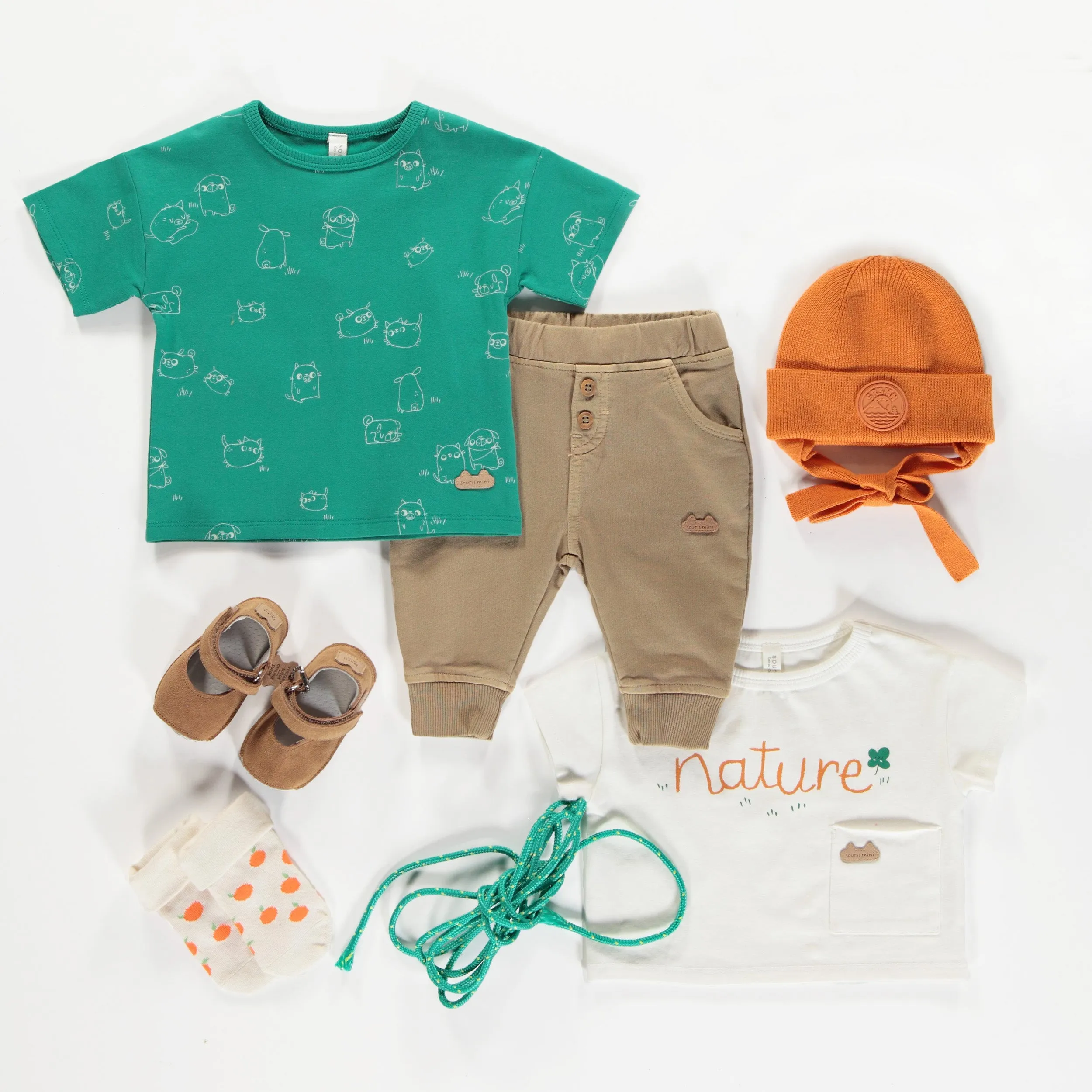 T-shirt à manches courtes crème avec illustration en doux coton, naissance || Cream short sleeves t-shirt with print in soft cotton, newborn
