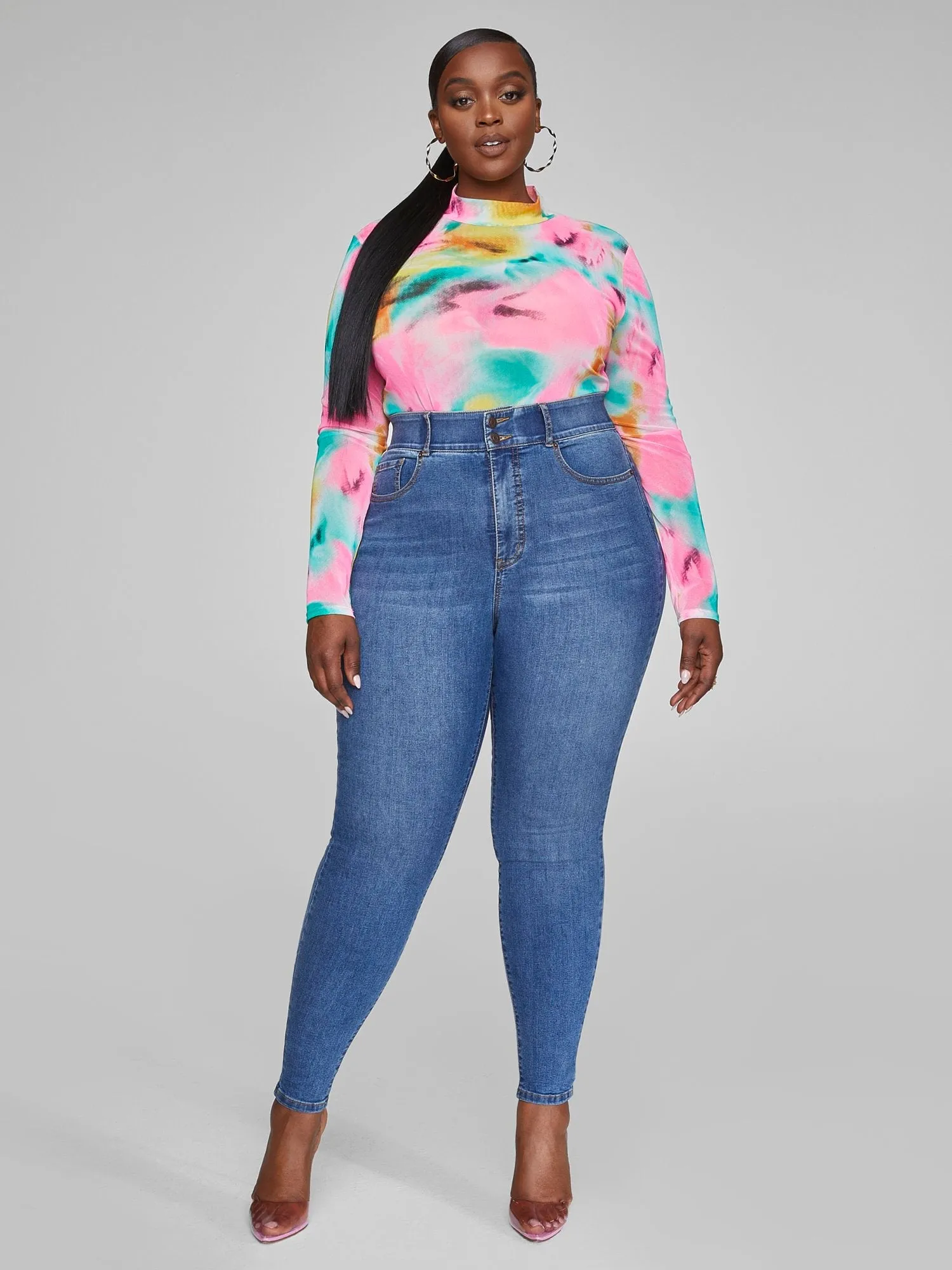 Talia Abstract Print Mesh Mockneck Top