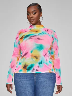 Talia Abstract Print Mesh Mockneck Top