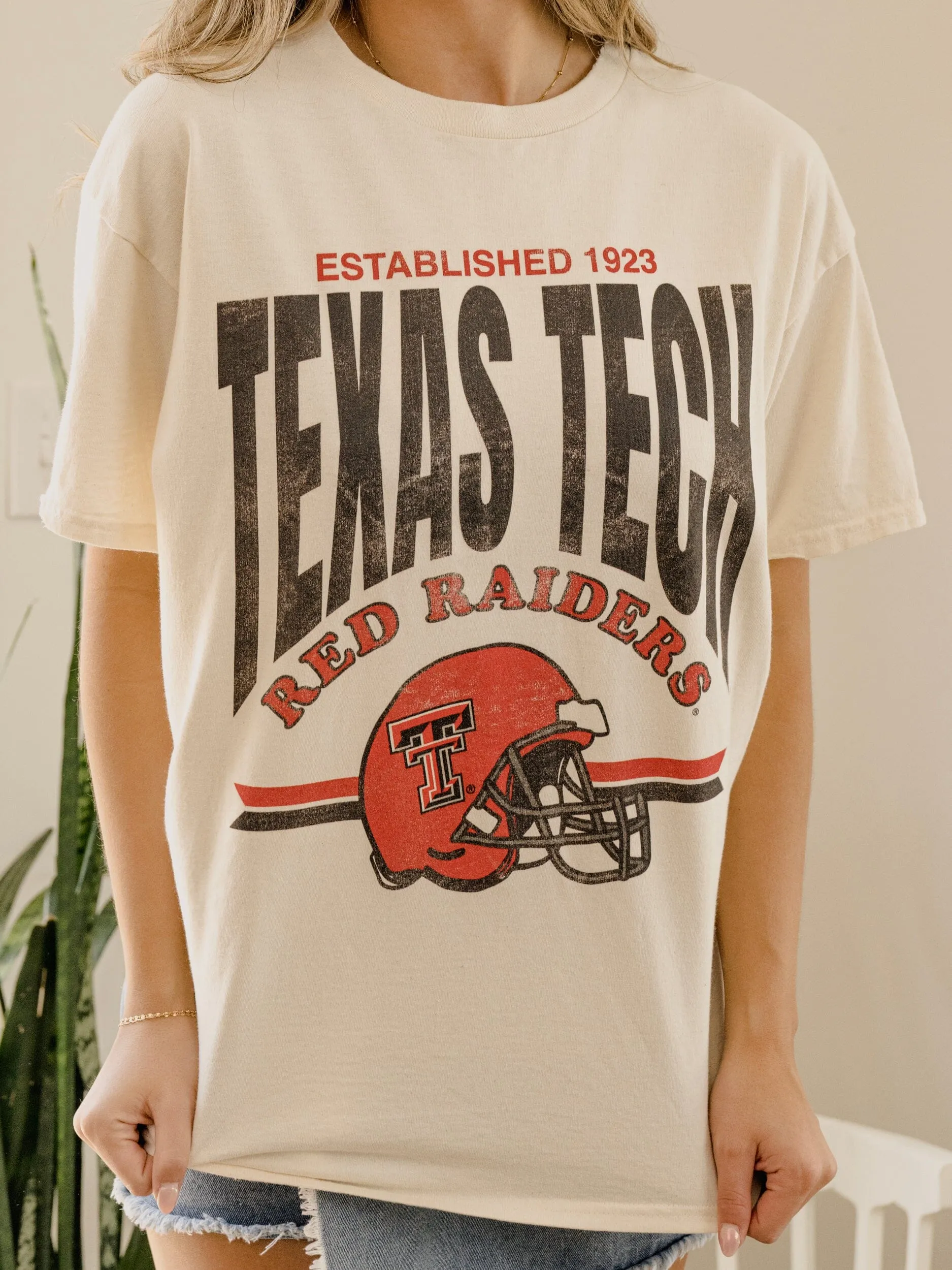Texas Tech Established Date Helmet Off White Thrifted Tee