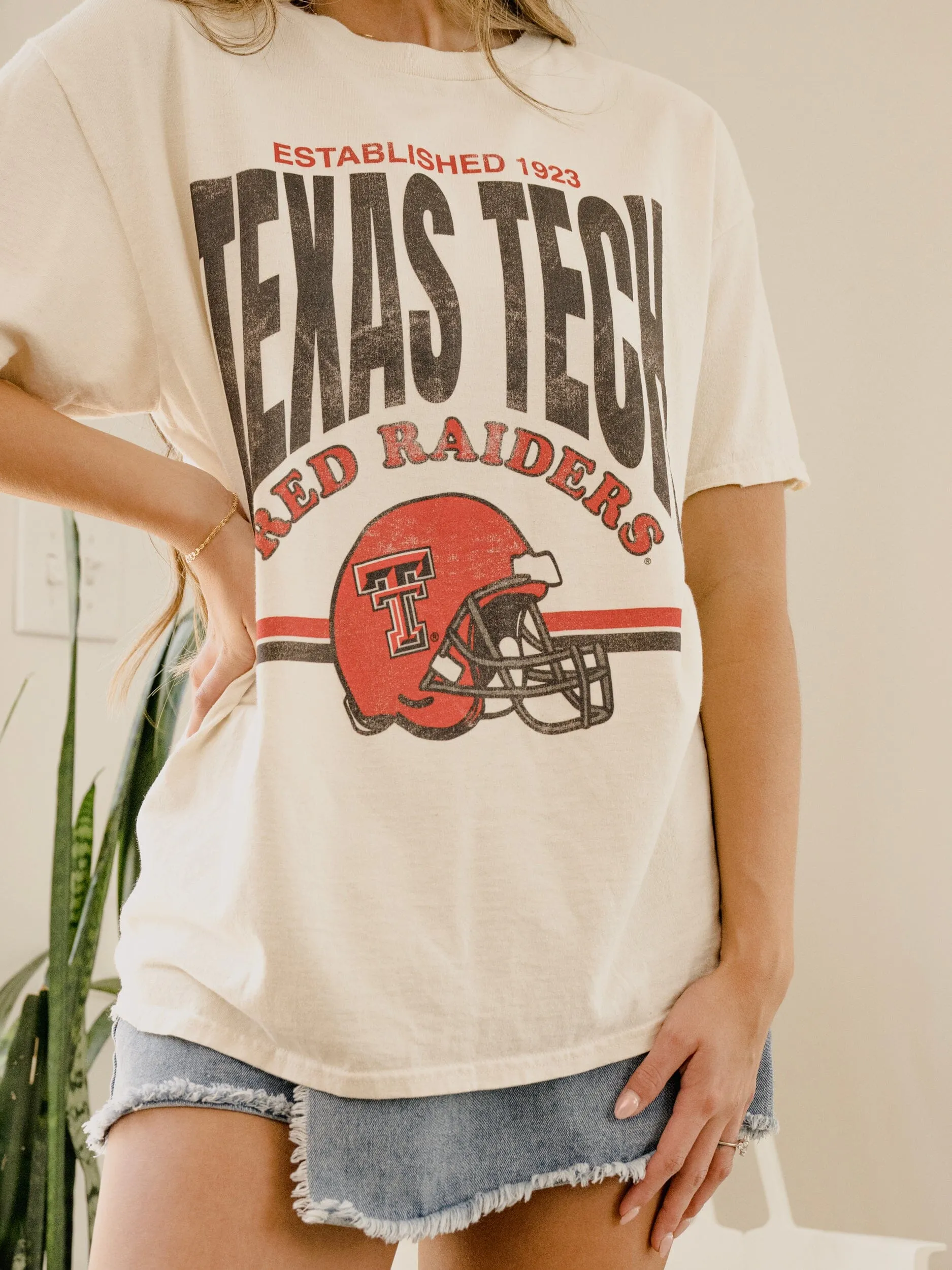Texas Tech Established Date Helmet Off White Thrifted Tee