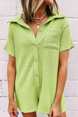 Textured Short Sleeve Patched Pocket Buttoned Romper