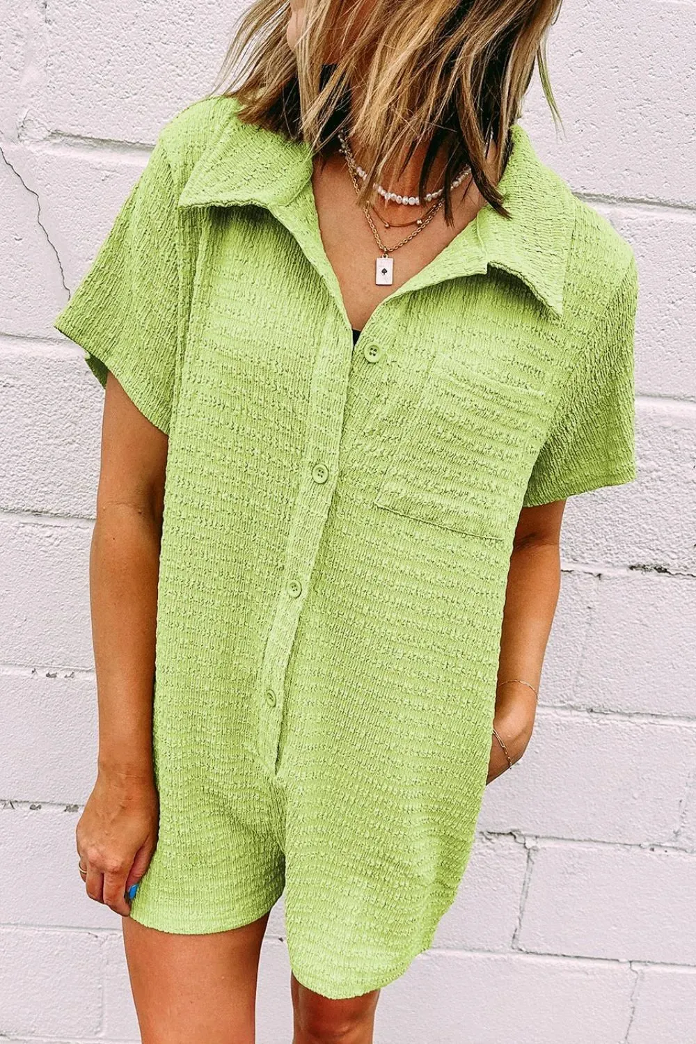 Textured Short Sleeve Patched Pocket Buttoned Romper