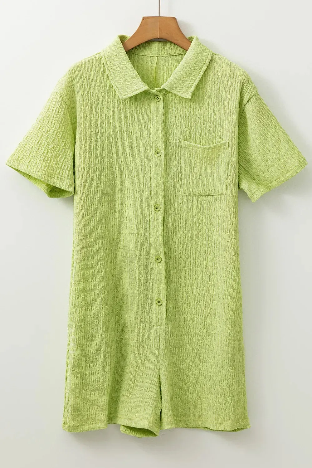 Textured Short Sleeve Patched Pocket Buttoned Romper