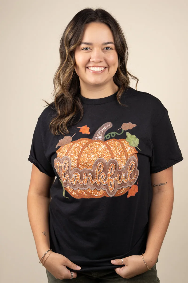 Thankful Pumpkin Faux Sequin Transfer Short Sleeve Relaxed Fit T-Shirt