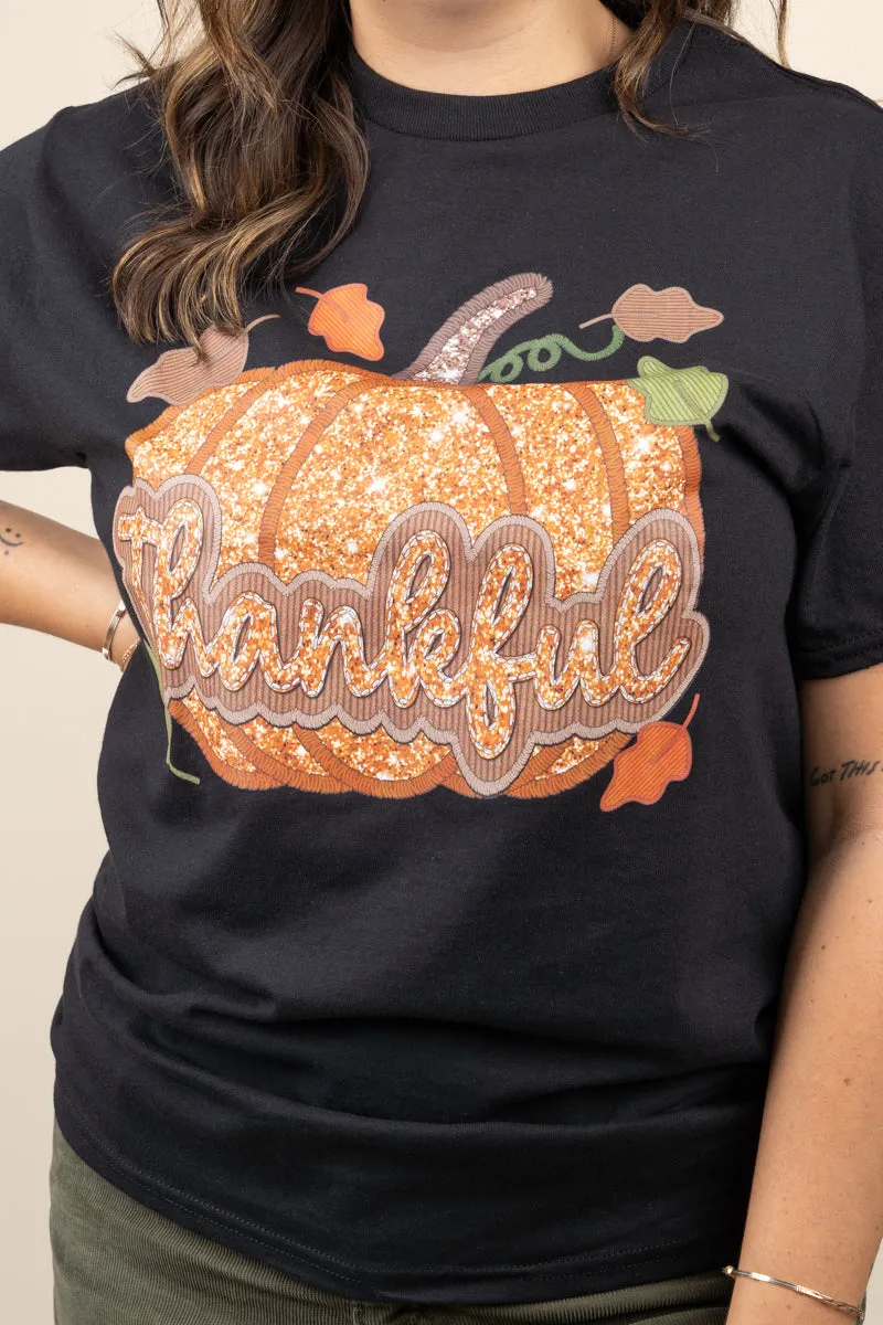 Thankful Pumpkin Faux Sequin Transfer Short Sleeve Relaxed Fit T-Shirt