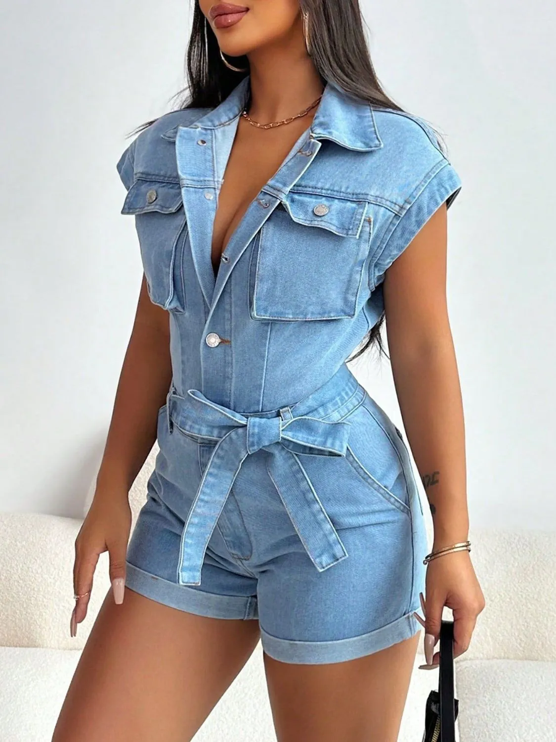 Tie Waist Cap Sleeve Denim Romper