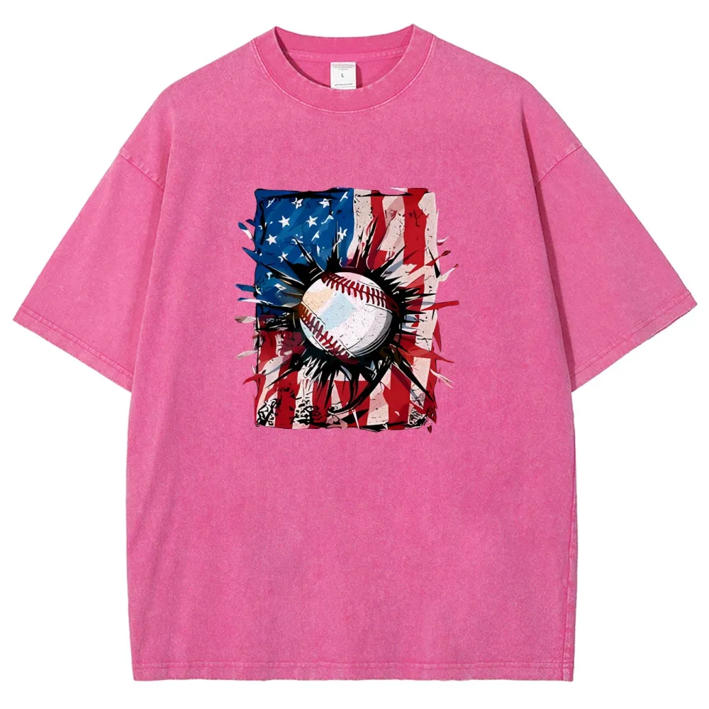 Unisex Patriotic Baseball 4th Of July American Flag Graphic Vintage Washed Tee