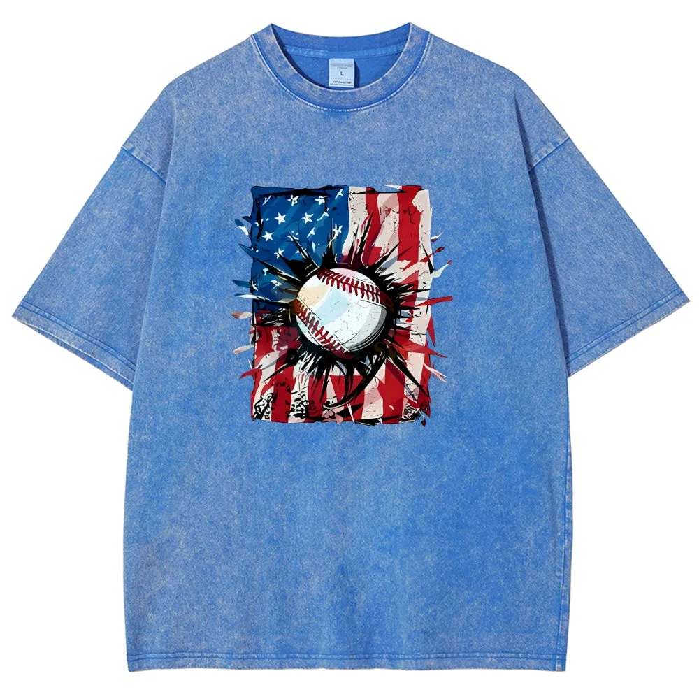Unisex Patriotic Baseball 4th Of July American Flag Graphic Vintage Washed Tee