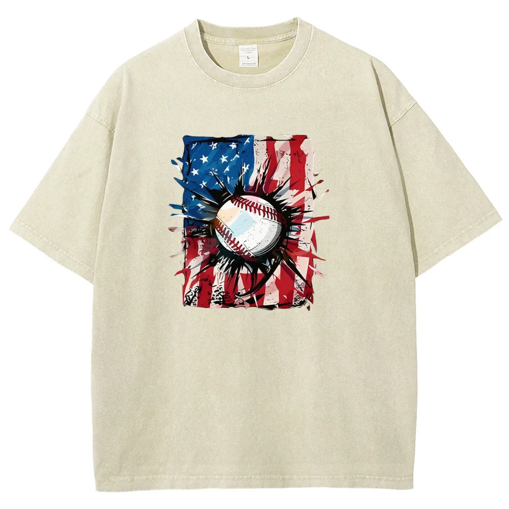 Unisex Patriotic Baseball 4th Of July American Flag Graphic Vintage Washed Tee