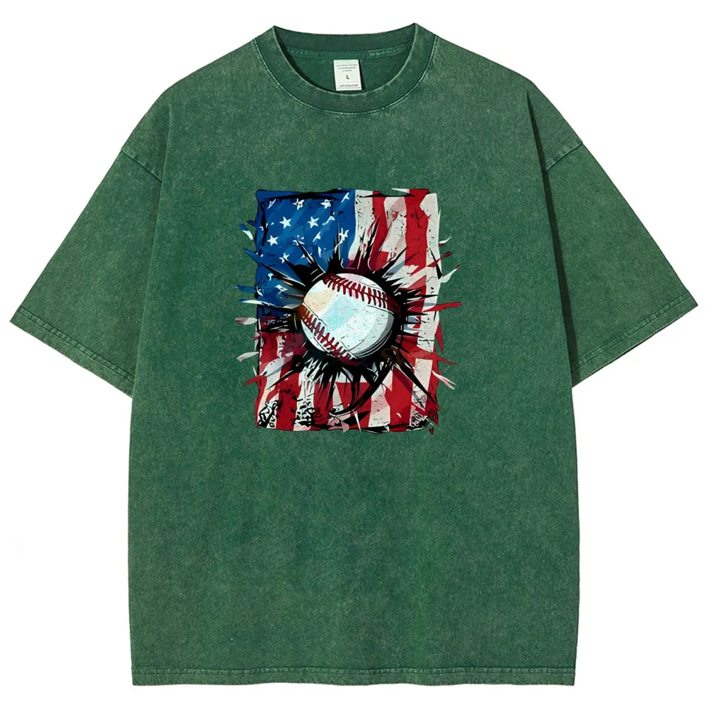 Unisex Patriotic Baseball 4th Of July American Flag Graphic Vintage Washed Tee