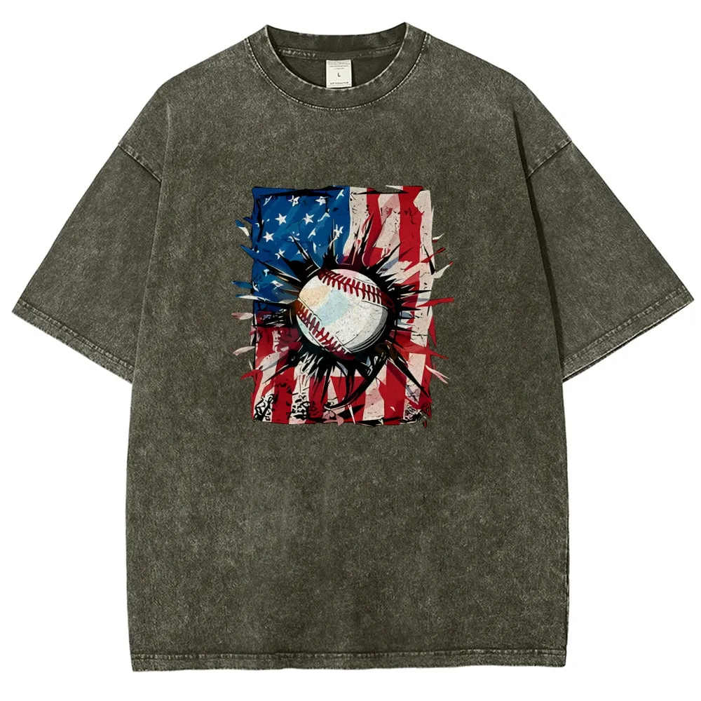 Unisex Patriotic Baseball 4th Of July American Flag Graphic Vintage Washed Tee