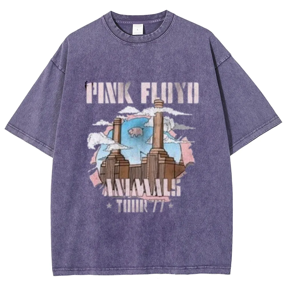 Unisex Vintage The Pink Rock Band Print Short Sleeve Casual Graphic Washed T-shirt