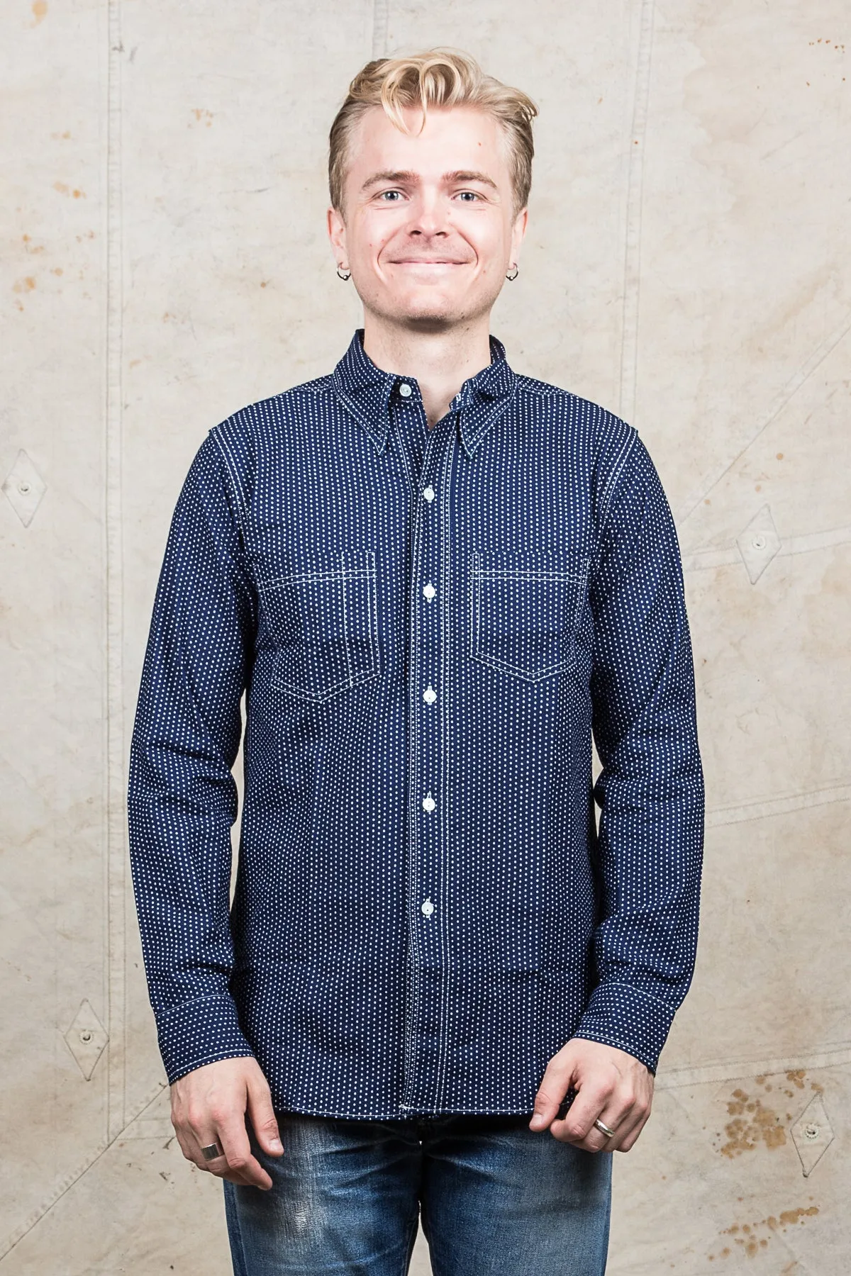 Warehouse & Co Wide Awake Shirt Indigo Wabash Dot Pattern