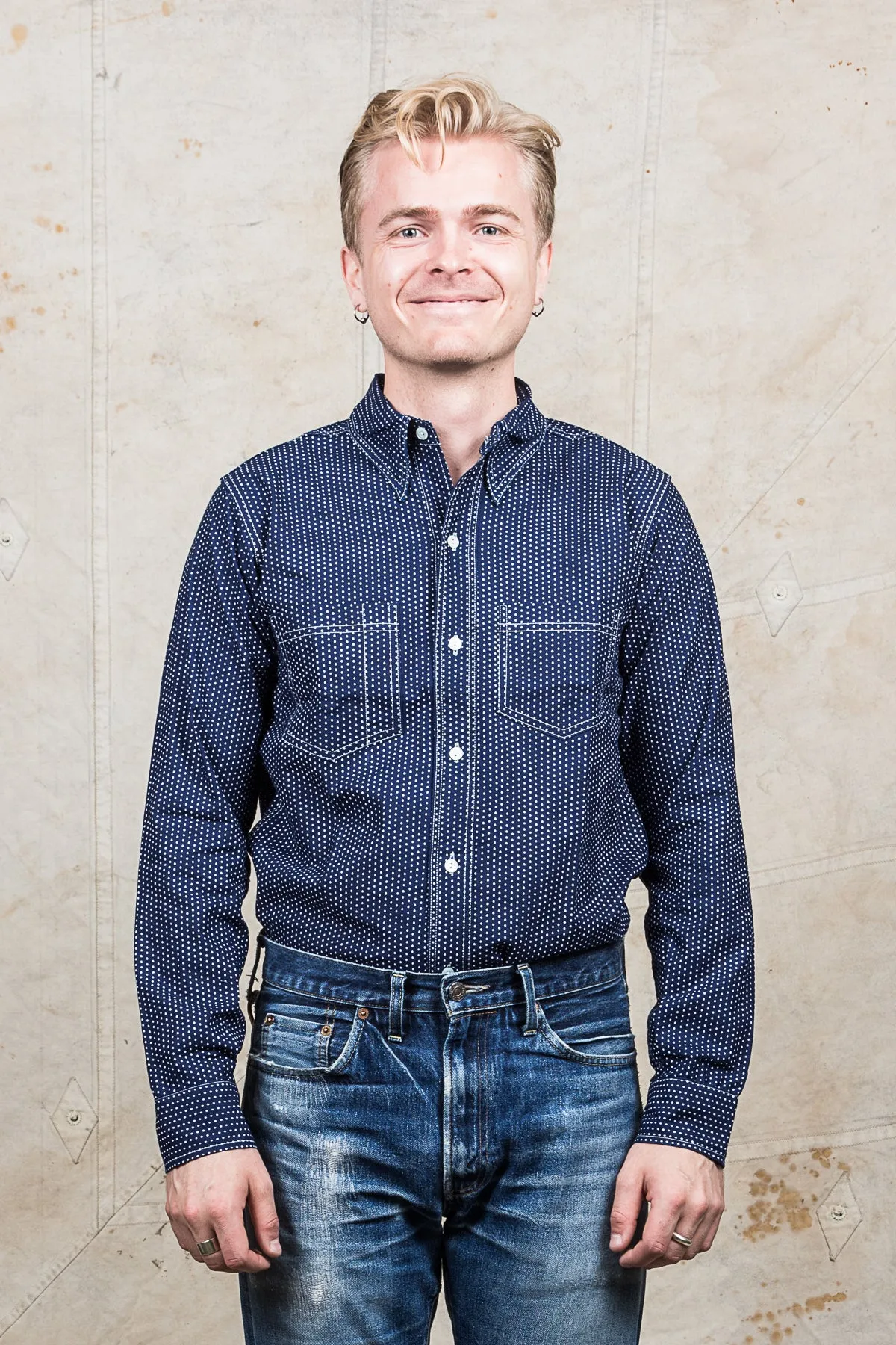 Warehouse & Co Wide Awake Shirt Indigo Wabash Dot Pattern