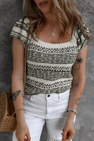 White Contrast Knitted Square Neck Ruffle Sleeve Top