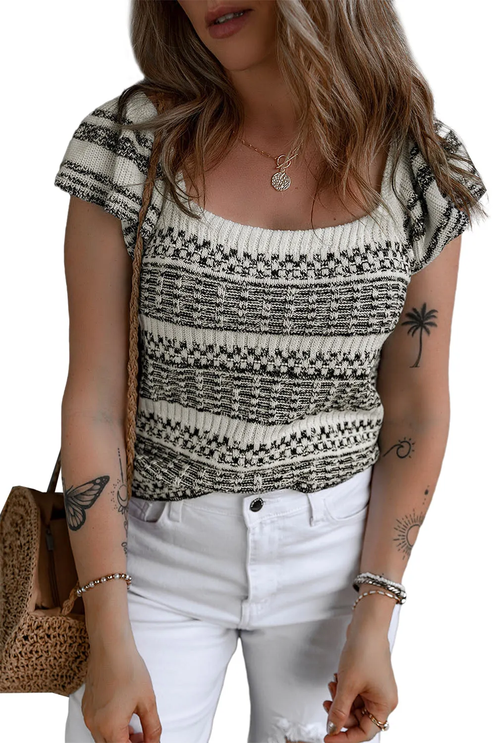 White Contrast Knitted Square Neck Ruffle Sleeve Top
